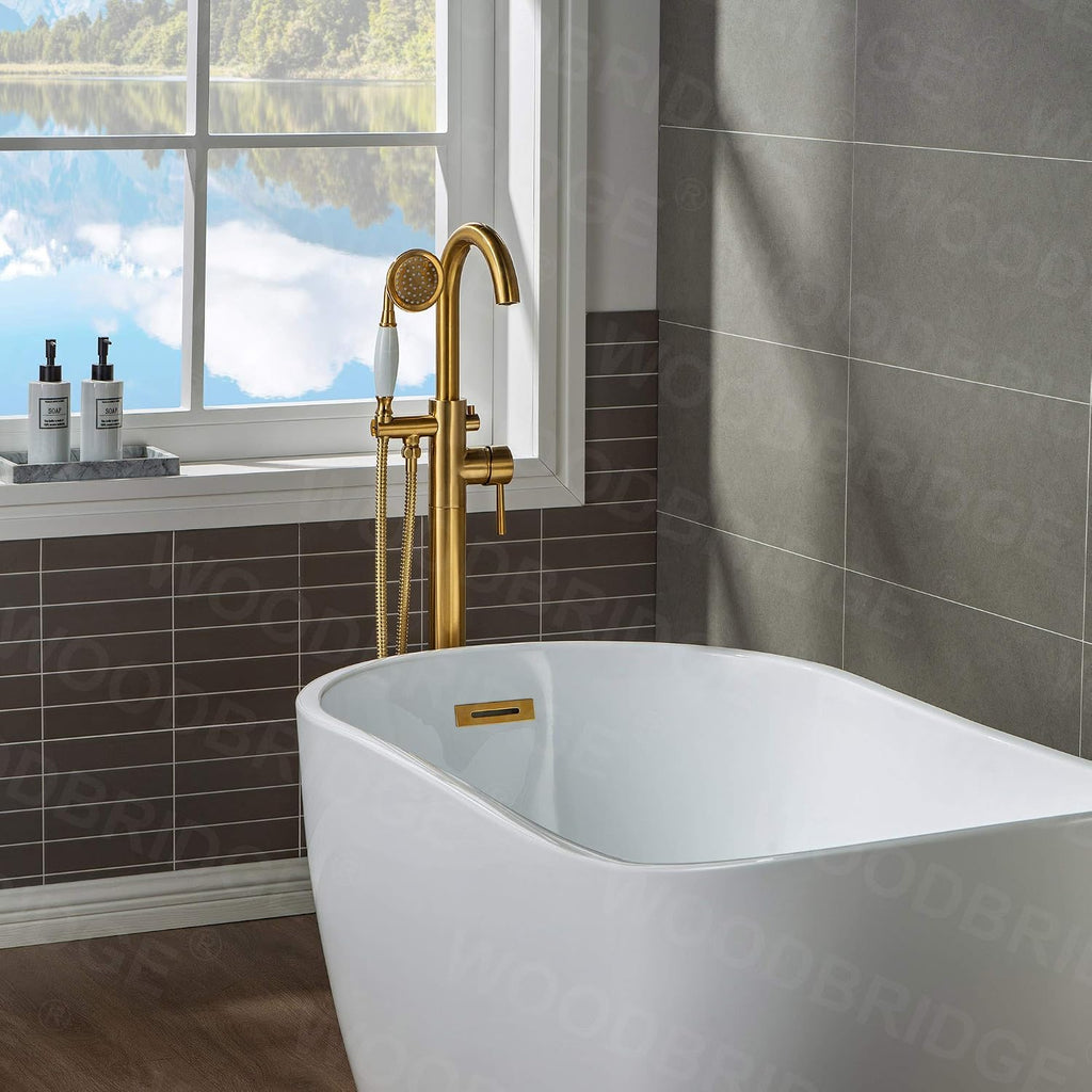 WOODBRIDGE Contemporary Single Handle Floor Mount Freestanding Tub Filler Faucet with Hand Shower in (Brushed Gold) Finish,F0007-BGVT