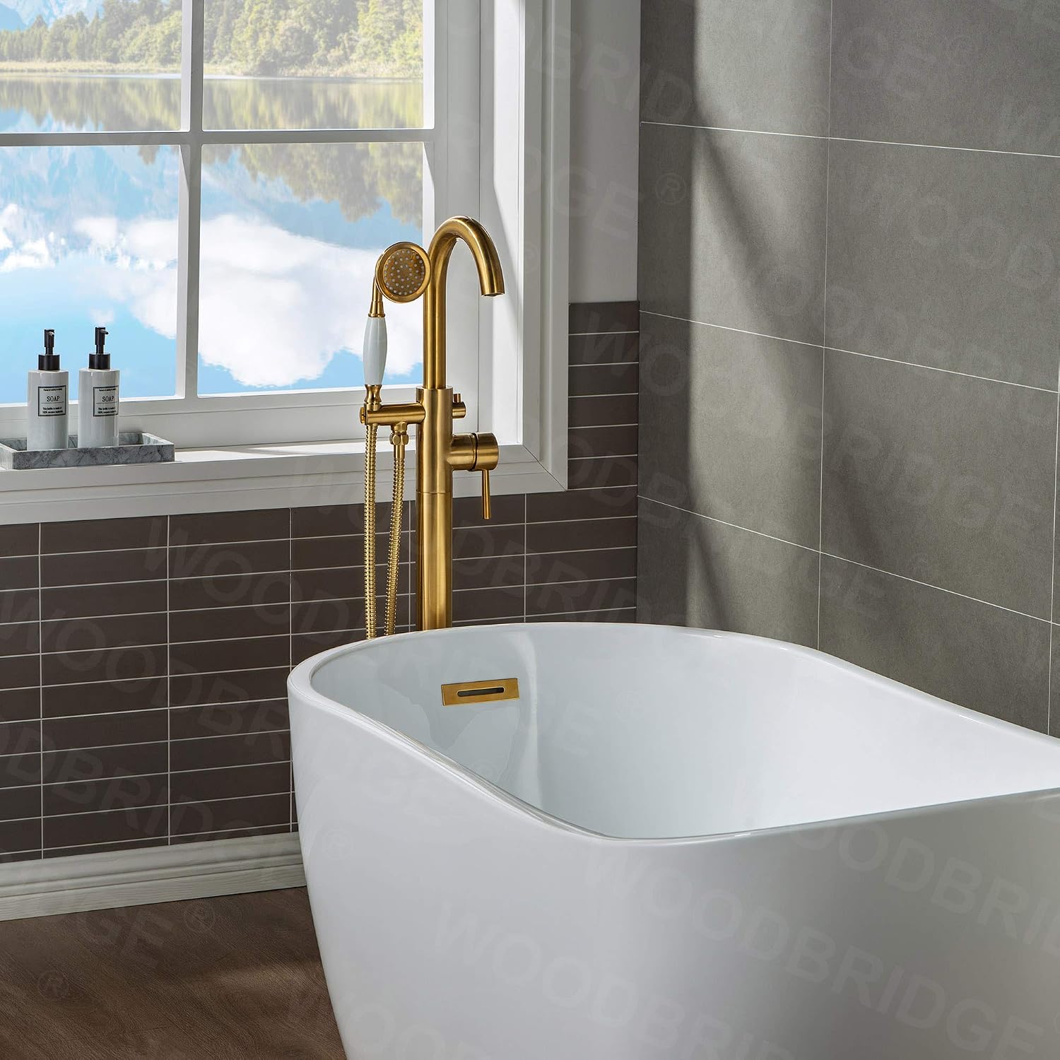 WOODBRIDGE Contemporary Single Handle Floor Mount Freestanding Tub Filler Faucet with Hand Shower in (Brushed Gold) Finish,F0007-BGVT
