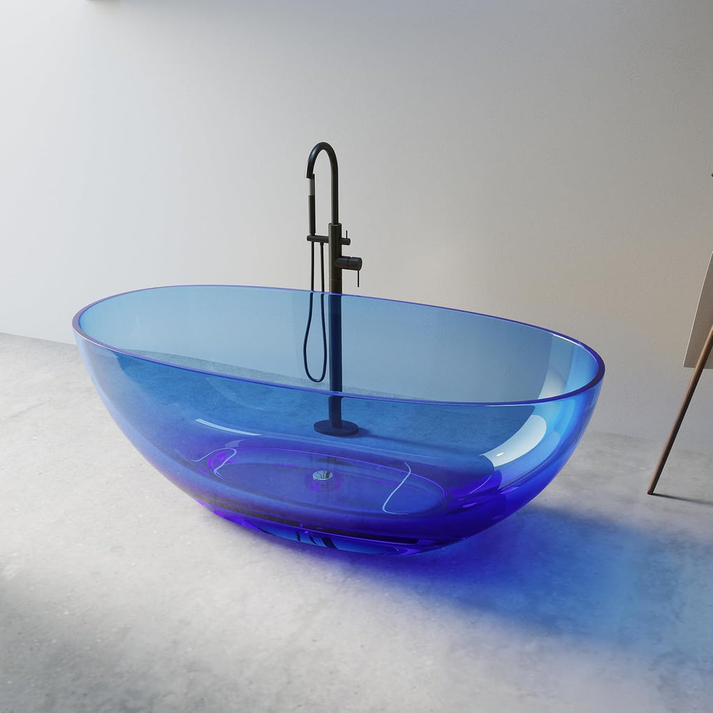 Stone Resin Freestanding Bathtub 61', Elegant Oval Shape Soaking Tub, Solid Surface Stand Alone Bathtub with Drain & Integrated Slotted Overflow Transparent Blue AMFS303-1550-TPBLUE