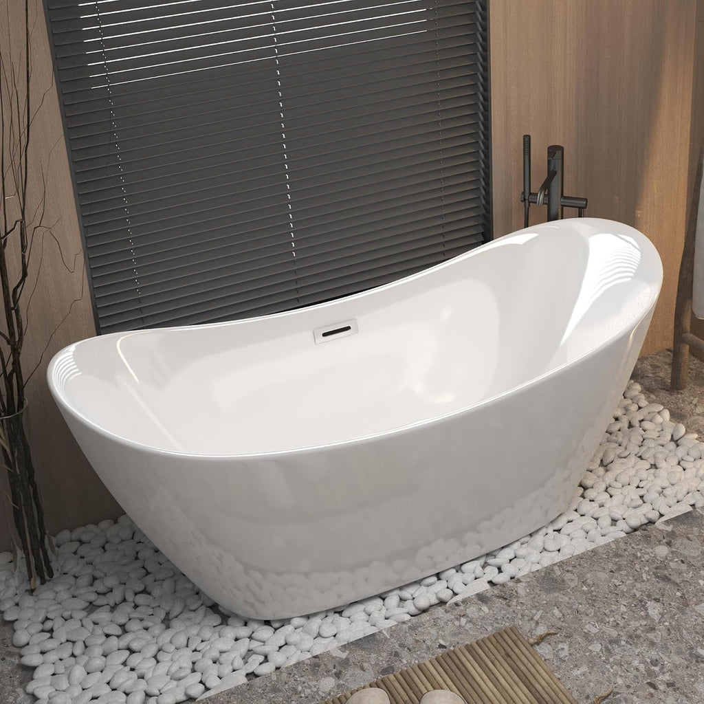 67' Acrylic Freestanding Soaking Tub, Gloss White with Chrome Overflow & Pop-Up Drain, cUPC Certified, Modern Luxurious Bathroom Bathtub