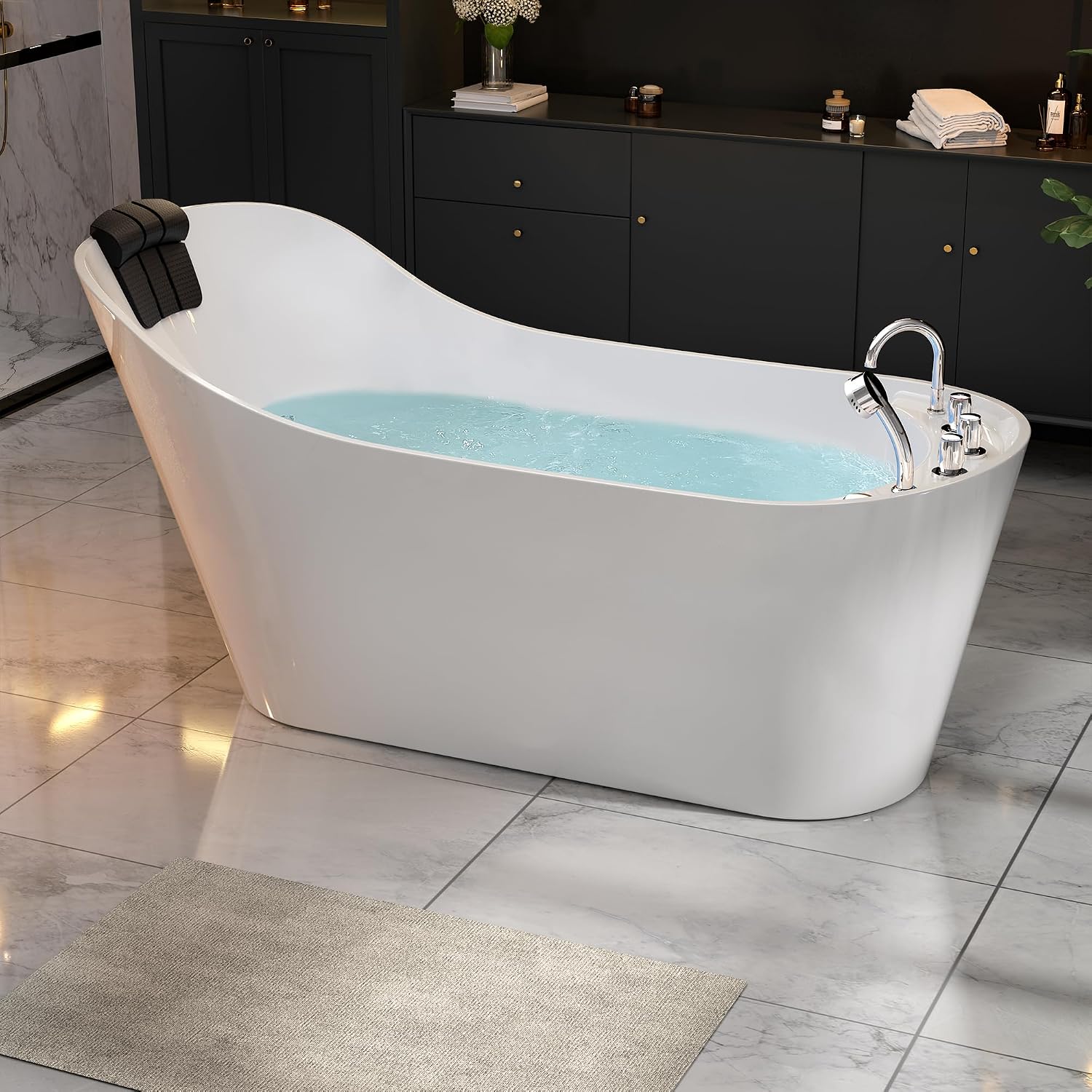 Empava 67 in. Acrylic Freestanding Bath Tub Hydromassage Gracefully Oval Shaped 7 Water Jets Soaking SPA, Single-Ended Massage Bathtubs with Pillow, ETL Certified