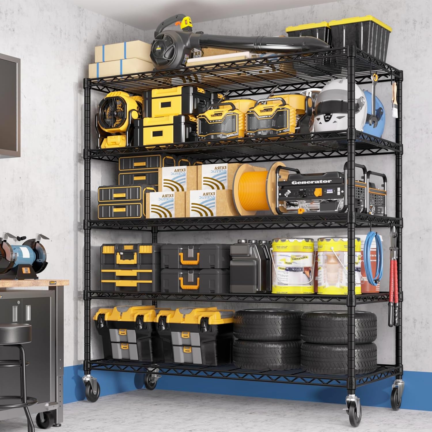 PrimeZone 48' W x 24' D x 81' H Heavy Duty Wire Storage Shelves with Wheels, 5 Tier Adjustable NSF Certified Garage Shelving Unit, Rolling Metal Organizer Shelf Utility Rack for Warehouse, Restaurant