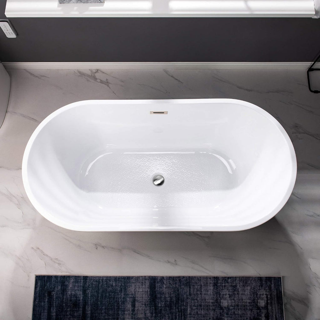 WOODBRIDGE 59' Acrylic Freestanding Bathtub Contemporary Soaking White Tub with Brushed Nickel Overflow and Drain,B0014 -B/N-Drain &O
