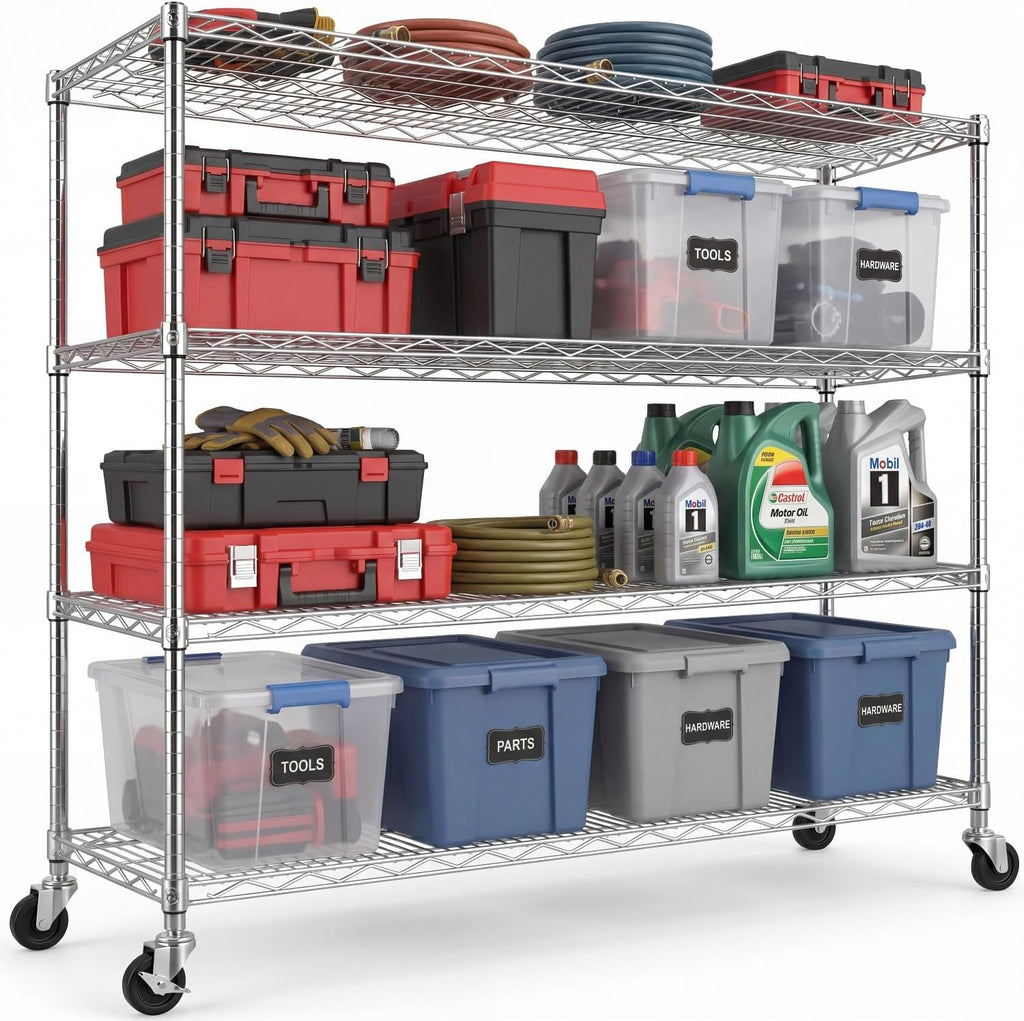 PrimeZone 4 Tier 55.5' Wx24 Dx76 H Wire Shelving with Wheels 2400lbs NSF Certified Storage Shelves Heavy Duty Metal Shelf Adjustable Rolling Rack Commercial Garage Restaurant Warehouse Kitchen Chrome