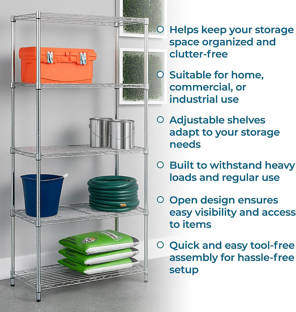 Honey-Can-Do 5-Tier Heavy Duty Adjustable Shelving Unit with Wheels, 350-lb Per Shelf NSF Certified Rolling Metal Storage Rack, Chrome Wire Shelf, 36 x 18 x 72 in