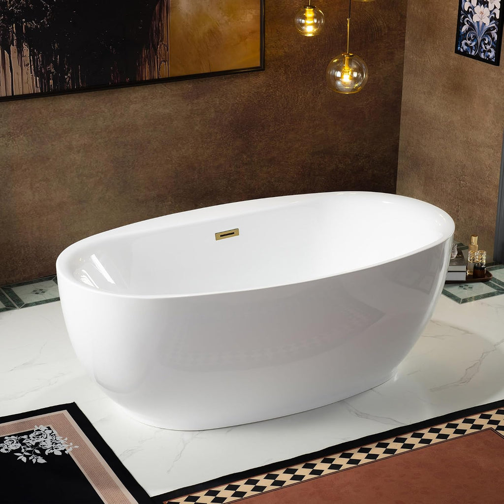 WOODBRIDGE 66' Acrylic Freestanding Bathtub Contemporary Soaking White Tub with Brushed Gold Overflow and Drain，B0027-BG