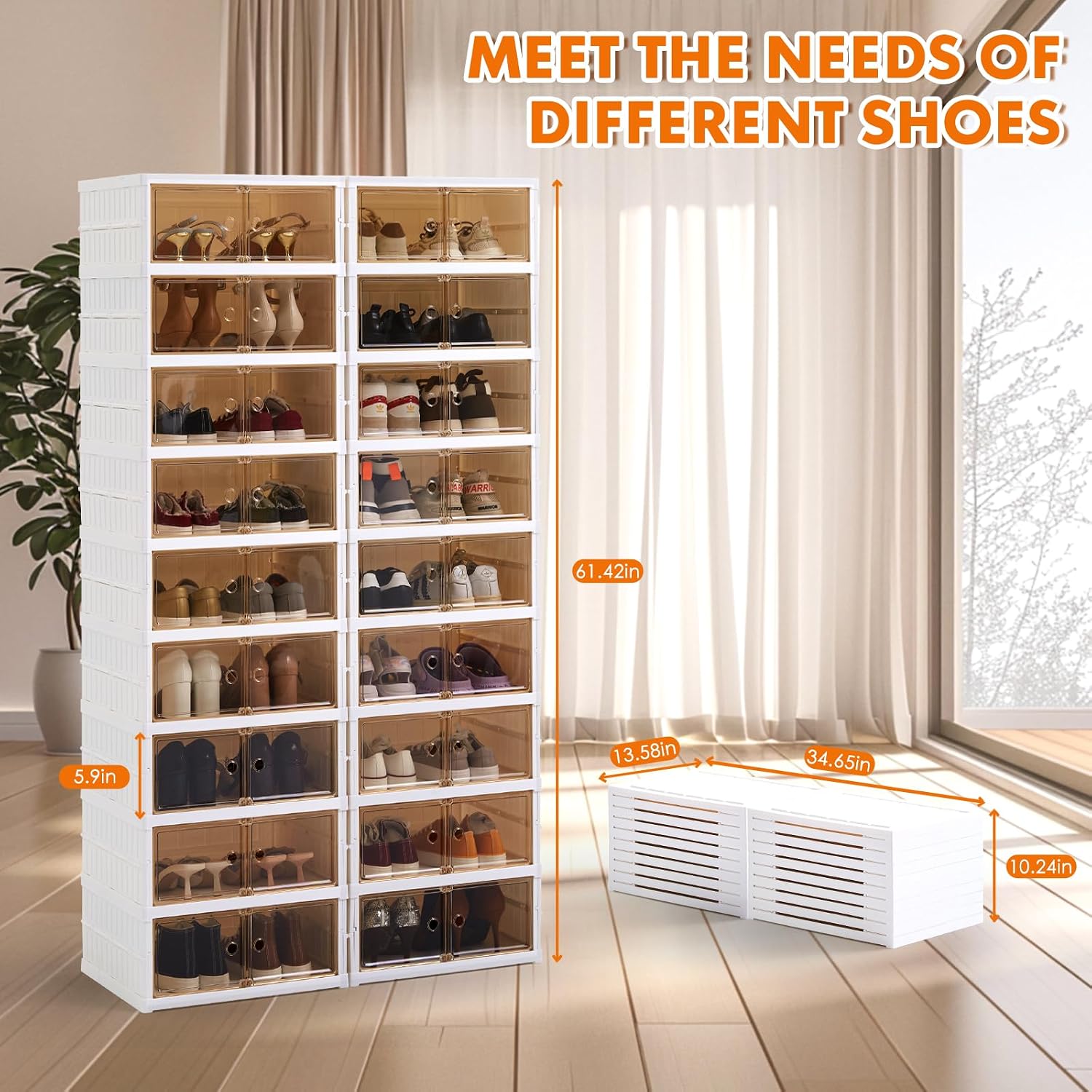 Collapsible Shoe Rack Organizer Foldable Shoe Cabinet with Doors, Large Plastic Folding Shoe Cabinet, Easy Assembly Shoe Shelves Organizer for Entryway (9Tiers,2Groups,36Pairs)