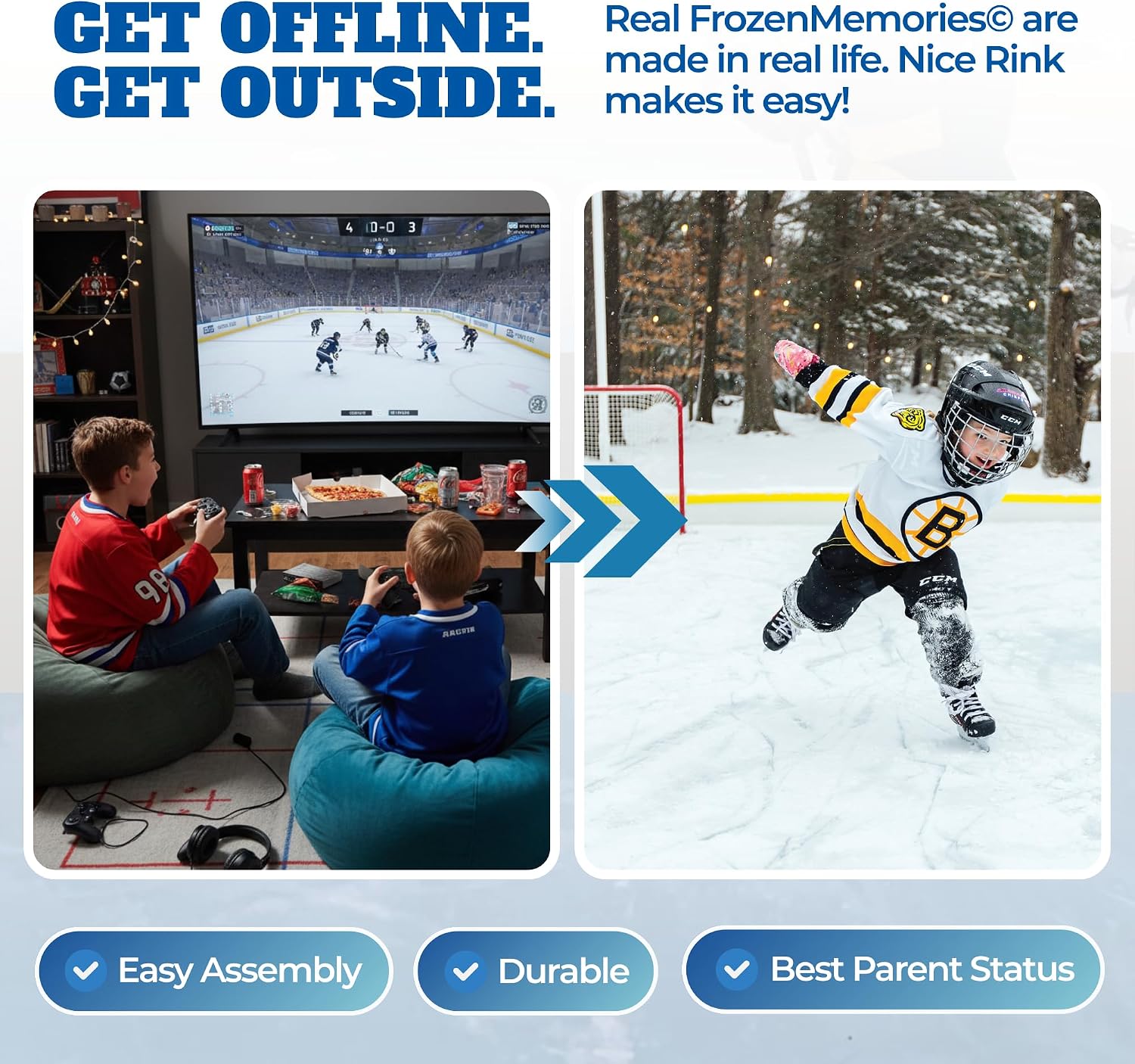 Backyard Ice Rink Accessories - Brackets, Boards, Kick Plates, Bumper Caps, and Netting - Made in USA and Canada Build Repair and Upgrade DIY Hockey and Skating Rinks