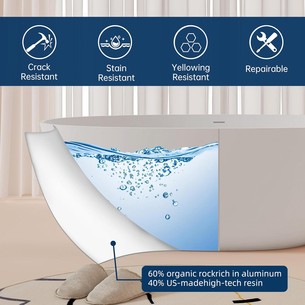 65'' Freestanding Bathtub Resin Stone Soaking Freestanding Tubs Matte Solid Surface Flatbottom Tub with Overflow and Pop-up Drain - White…