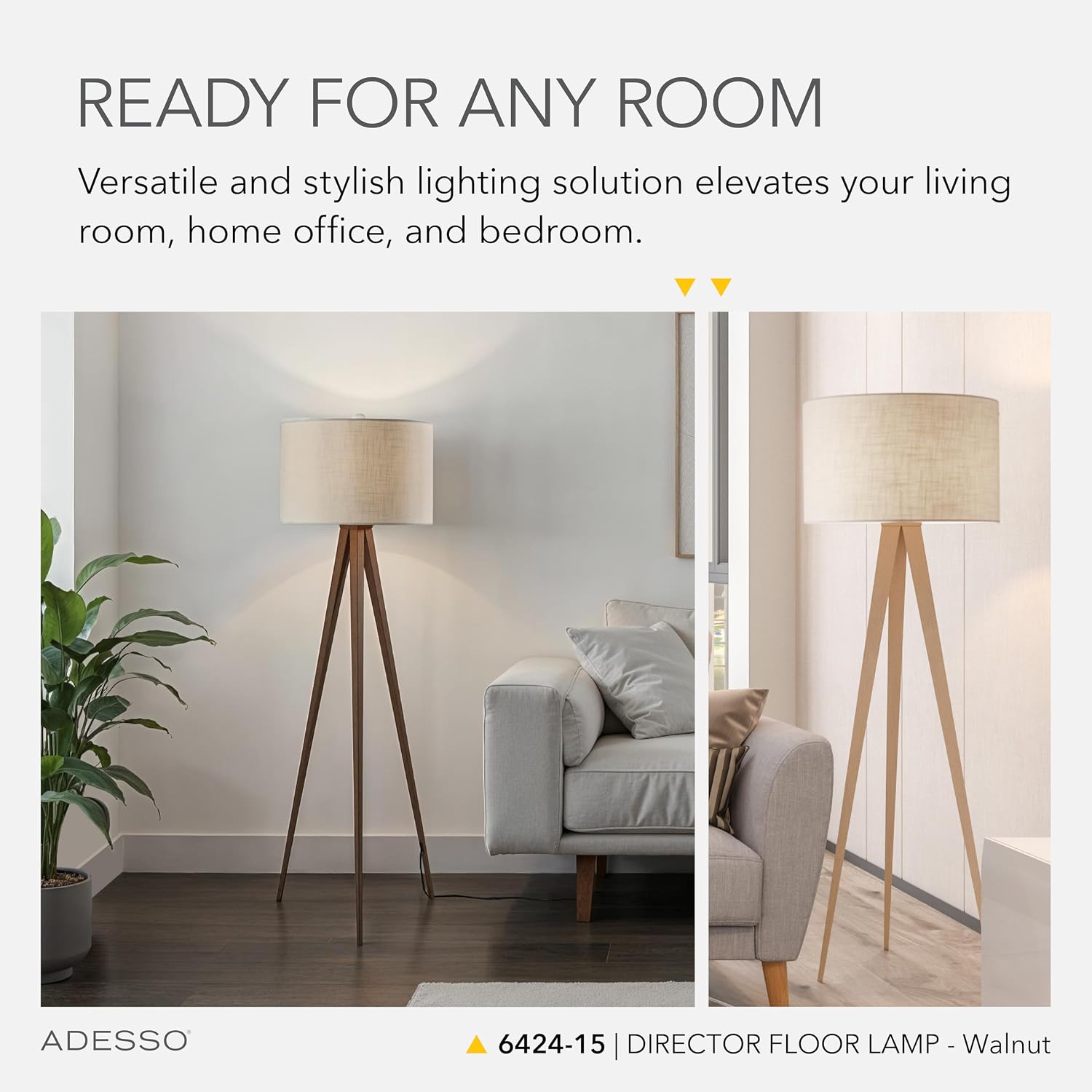 Adesso Floor Lamp with Walnut Rosewood Veneer and Beige Fabric Lampshade – 3-Way Adjustable Brightness, Lamp for Bedroom, Living Room, and House Décor, 60.25' x 21'