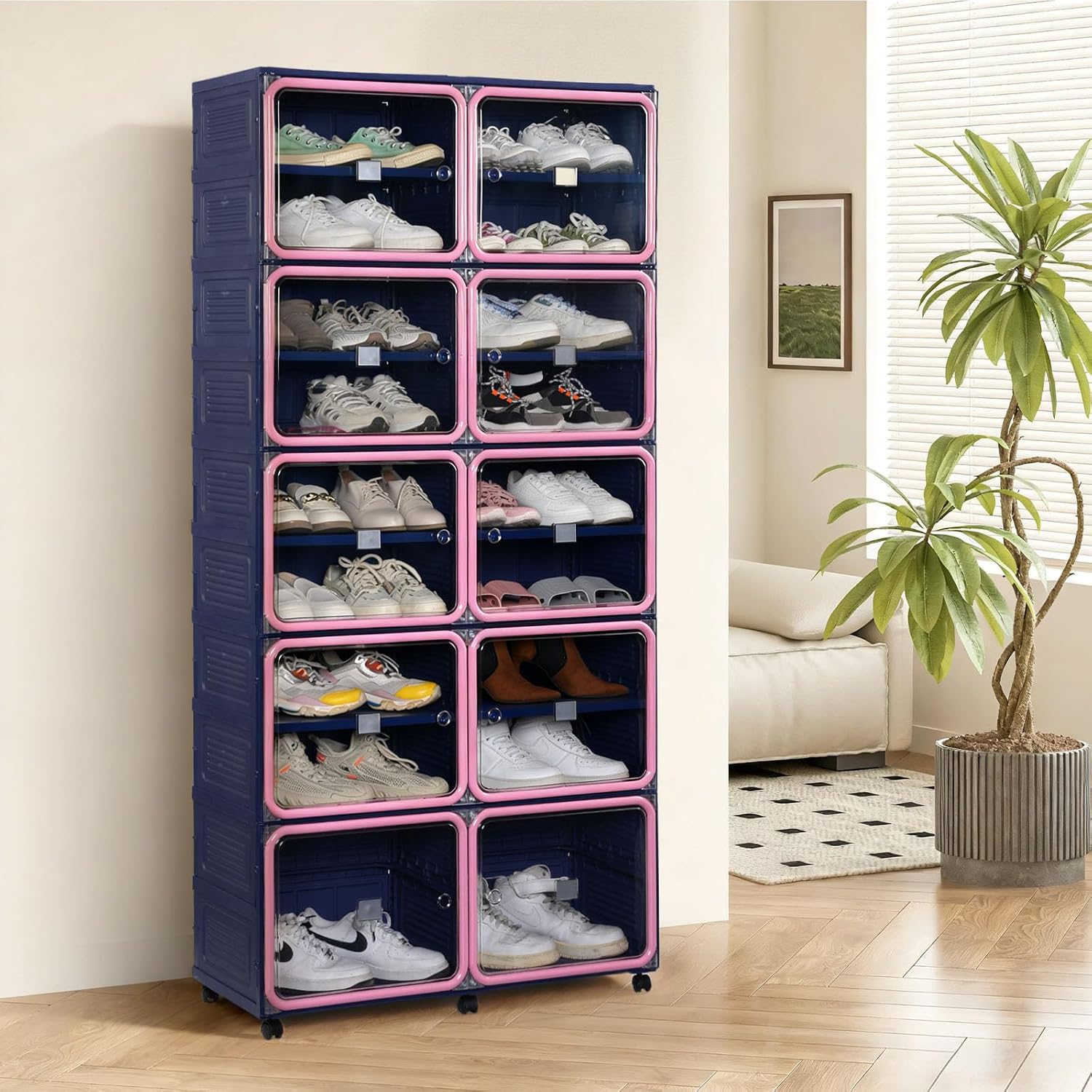 Folding Shoe Rack Storage Device,Large Plastic Folding Shoe Cabinet, Easy to Assemble Shoe Rack Storage Cabinet with Transparent Door Magnetic Buckle(9Tiers,36Pairs) Blue and Pink