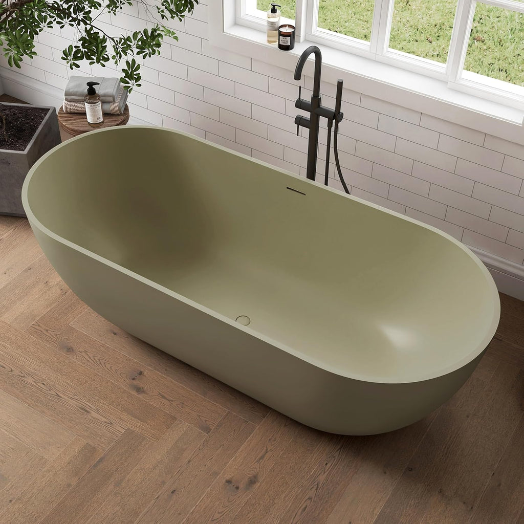 69' Freestanding Solid Surface Bathtub, Matte Olive Green | Resin Stone, Modern Design Stand Alone Tub with Drain, Colorful Free Stand Tub