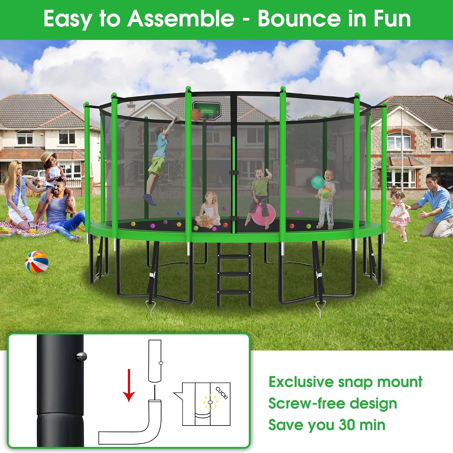 Exal Trampoline Outdoor with Basketball Hoop and Enclosure Net, 1500LBS Backyard Heavy Duty Trampoline ASTM CPC Certified Kids Trampoline, Light, Sprinkler, Socks, No-Gap Pad, Wind Stakes Included