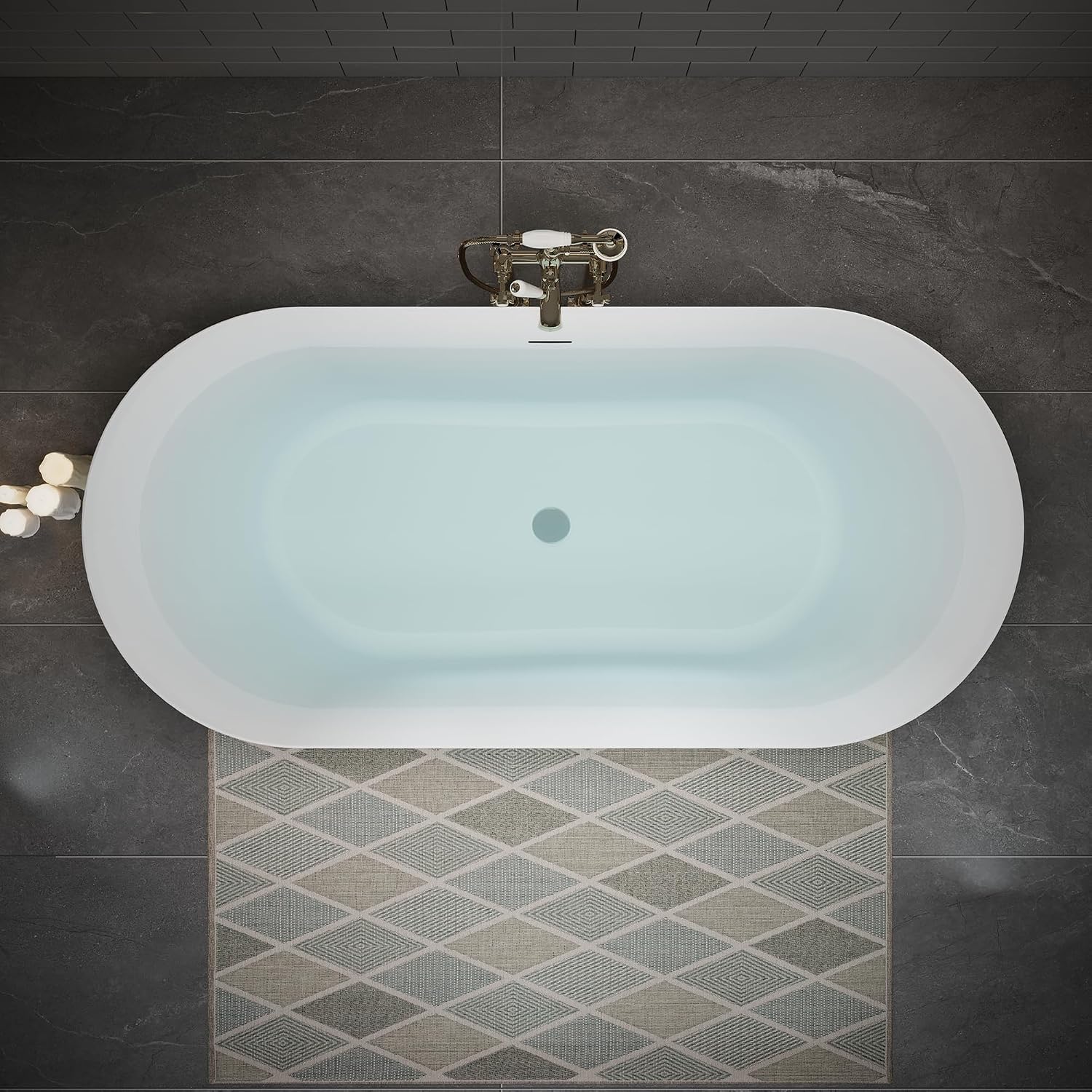 60' Acrylic Freestanding Bathtub, Oval Deep Soaking Bathtub with Center Pop up Drain Integrated Overflow, Stand Alone Bath Tub for Bathroom Spa or Home Upgrade, Glossy White GF 26A09 60