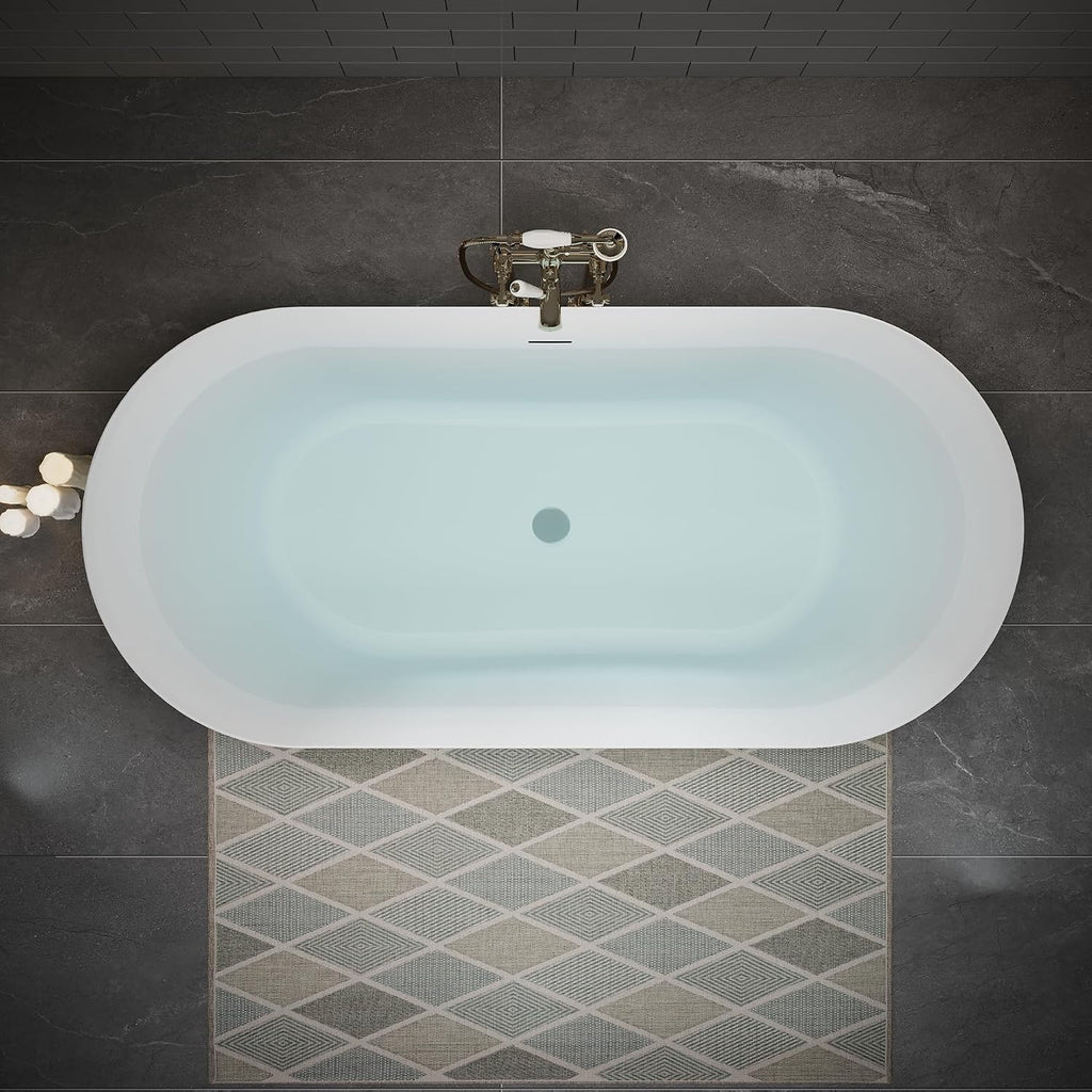 Abruzzo 60' Glossy White Acrylic Freestanding Bathtub | 60-inch cUPC certified oval deep soaking tub. Features pre-installed center drain and built-in adjustable feet