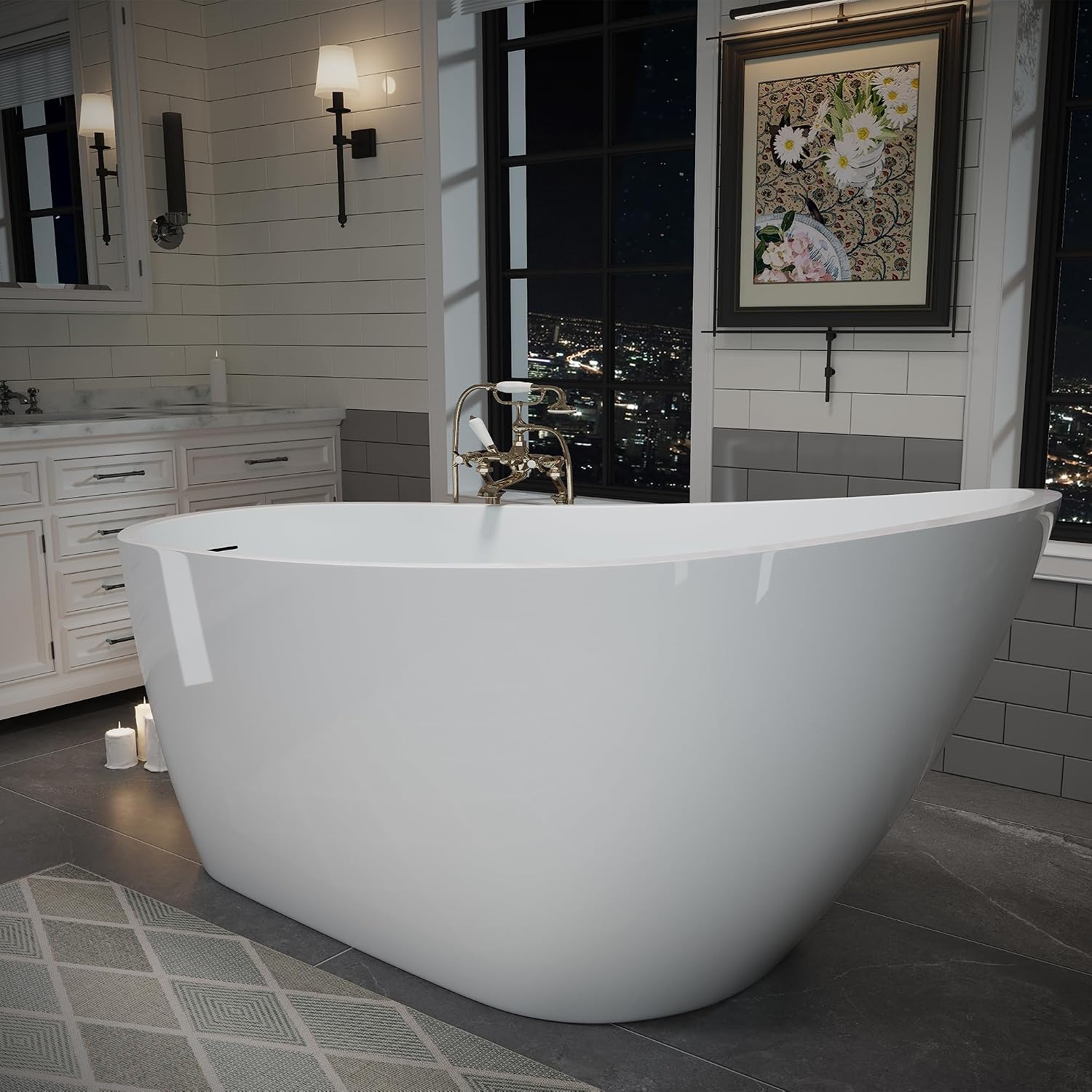 63' Acrylic Freestanding Bathtub, Deep Soaking Bathtub with Pop up Drain Integrated Overflow, Stand Alone Bath Tub for Bathroom Spa or Home Upgrade, Glossy White GF 26A04 63