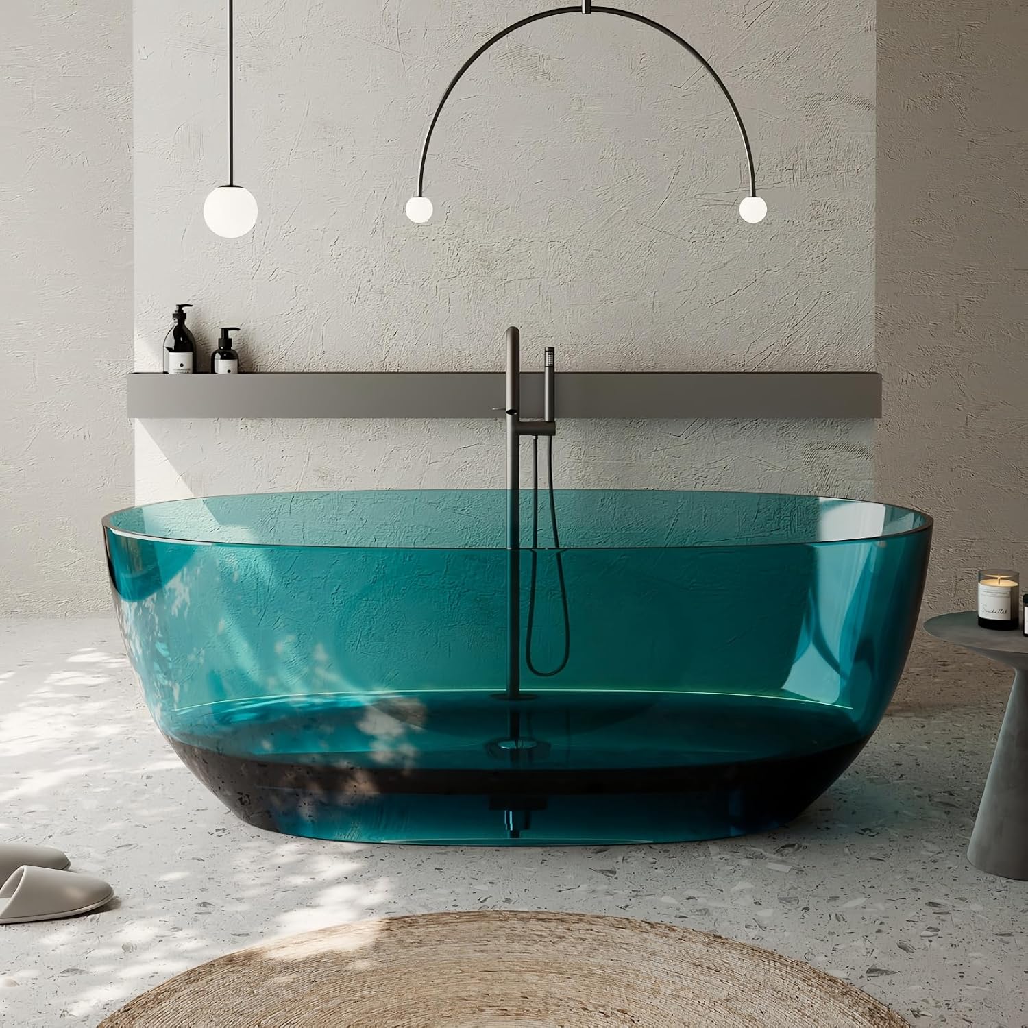 56' Edeyeu Freestanding Bathtub - Clear Oval Resin Extra Deep Soaking Tub, Ergonomic Solid Surface Bathtub Alternative With Handcrafted Finish for Luxury Modern Bathrooms Blue