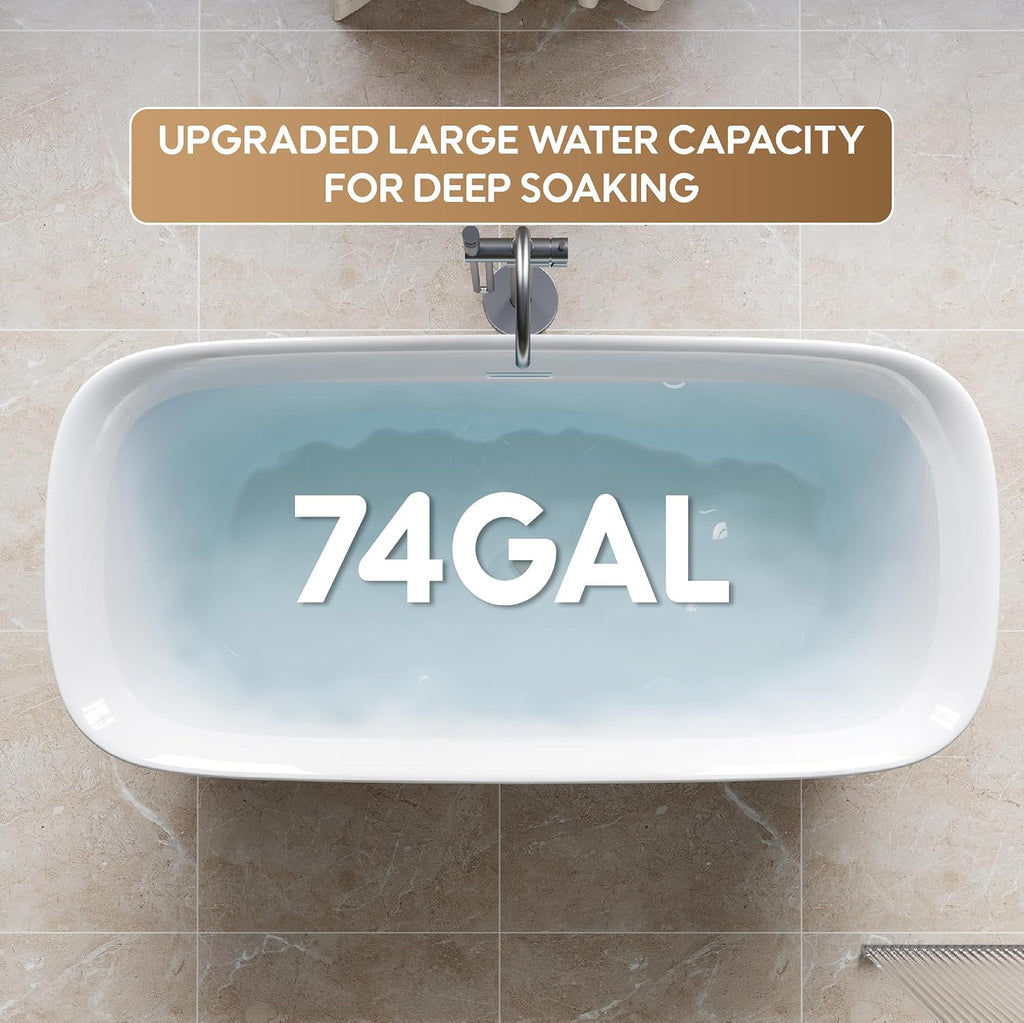 WELLFOR 67'Freestanding Acrylic Bathtub with Drain and Integrated Slotted Overflow, Glossy White 74 Gallons Capacity Soaking Bath Tub with Predrilled Overflow Holes, Soaking Bath Tub Oval Shape