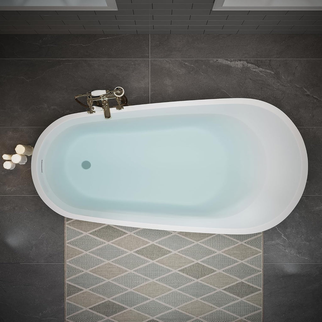 60' Acrylic Freestanding Bathtub, Deep Soaking Bathtub with Pop up Drain Integrated Overflow, Stand Alone Bath Tub for Bathroom Spa or Home Upgrade, Glossy White TH 26A04 60