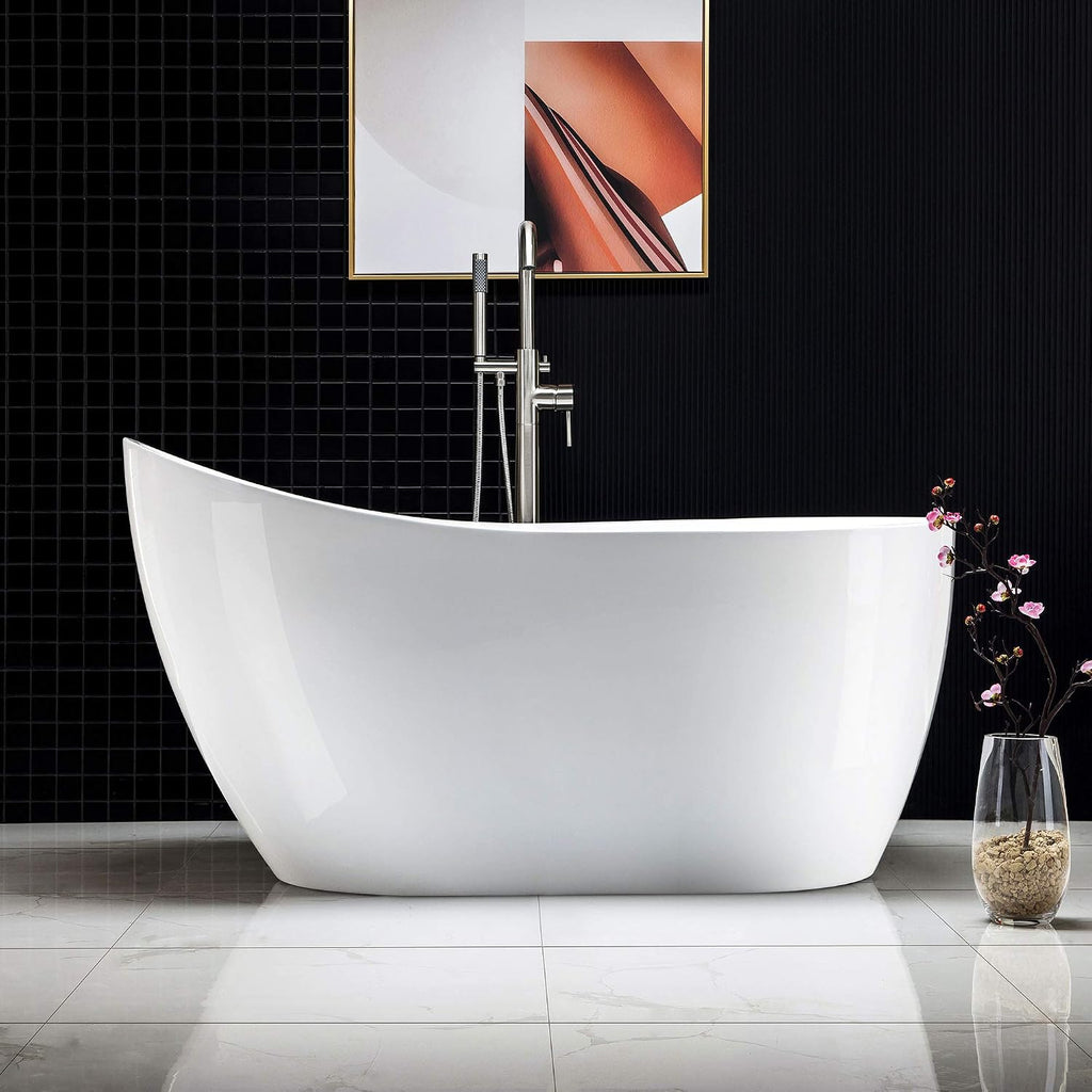 WOODBRIDGE BTA1507 BN 54' Acrylic Freestanding Bathtub Contemporary Soaking Tub Overflow and Drain BTA1507-B,with Brushed Nickel Faucet F0001, White (BTA1507 BN+F0001)
