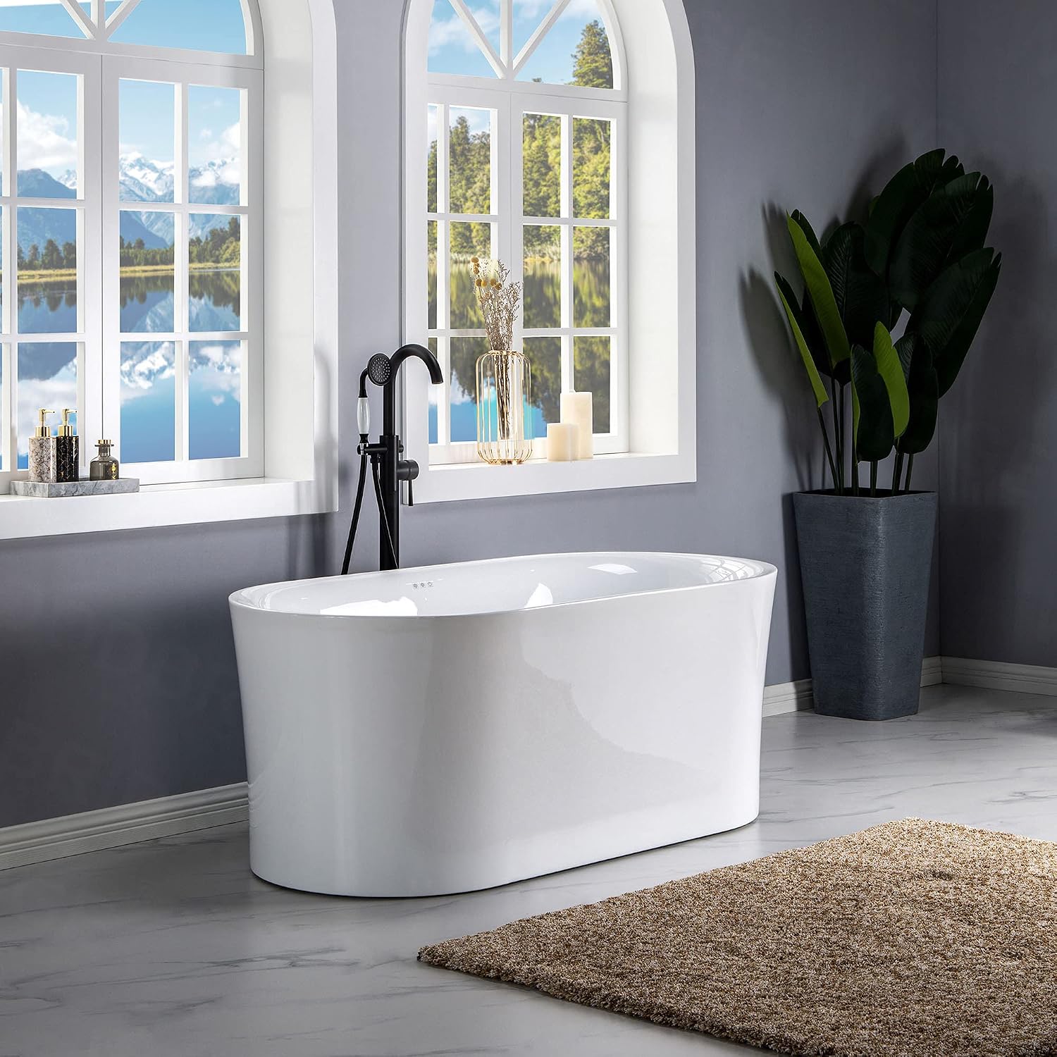 WOODBRIDGE 59' Air Bubble Acrylic Freestanding Bathtub Contemporary Soaking Tub, White Acrylic wirh Oil Rubbed Bronze Drain and Overflow,B0102-ORB