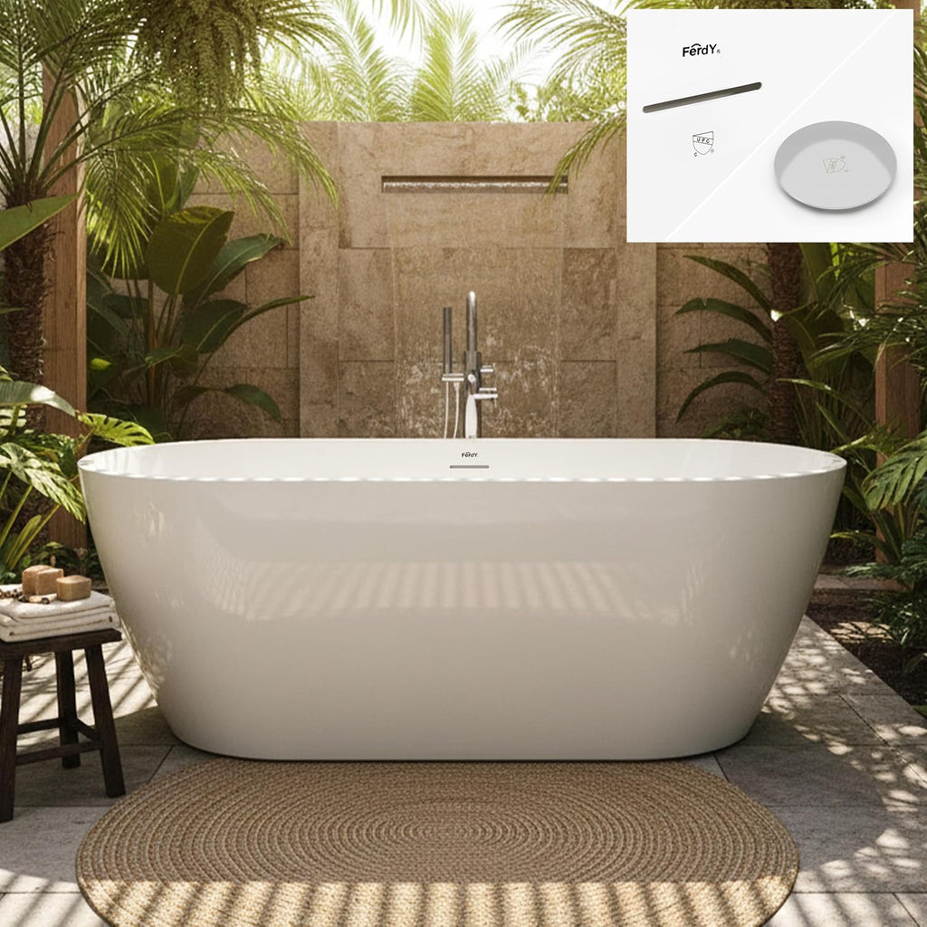 FerdY 67' Acrylic Freestanding Bathtub, Contemporary Soaking tub with Chrome Drain & Overflow, Elegant Oval Shape, cUPC Certified, Bali