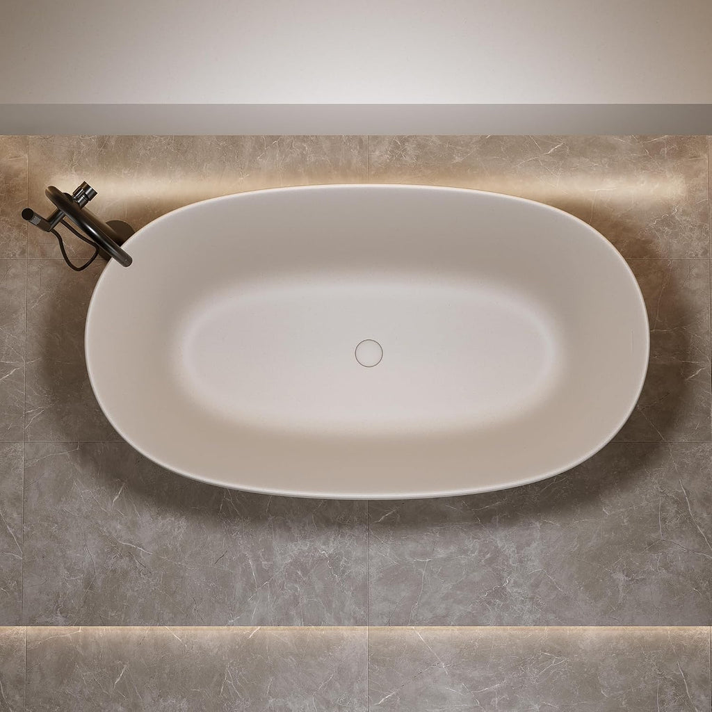 KEIKI 47'' Freestanding Bathtub, Resin Stone Soaking Bathtub, Solid Surface Modern Tubs with Overflow and Pop-up Drain, Beige