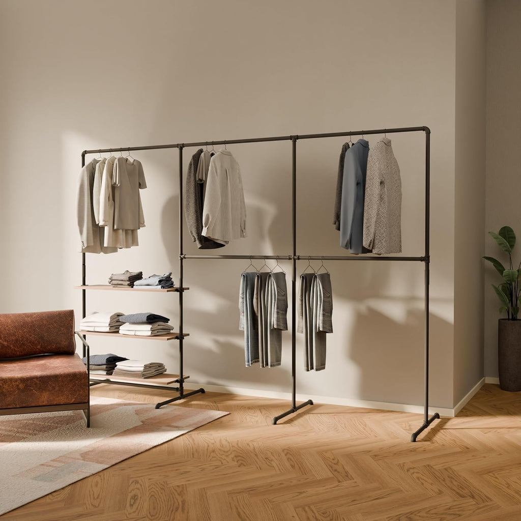 pamo Industrial Pipe Clothing Rack with Oak Shelf – 114' W x 76' H – Freestanding Metal Garment Rack for Bedroom, Walk-In Closet & Retail
