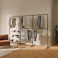 pamo Industrial Pipe Clothing Rack with Oak Shelf – 114' W x 76' H – Freestanding Metal Garment Rack for Bedroom, Walk-In Closet & Retail