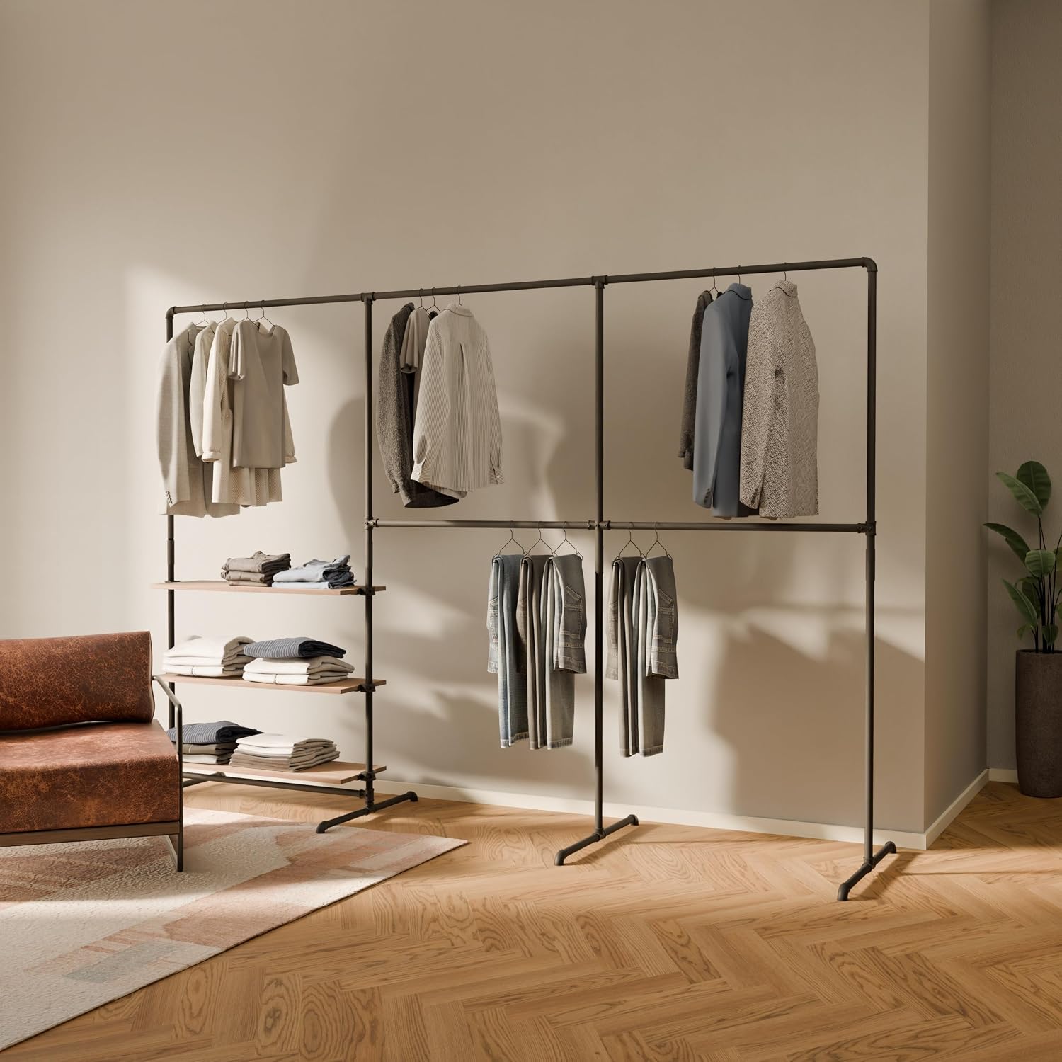 pamo Industrial Pipe Clothing Rack with Oak Shelf – 114' W x 76' H – Freestanding Metal Garment Rack for Bedroom, Walk-In Closet & Retail