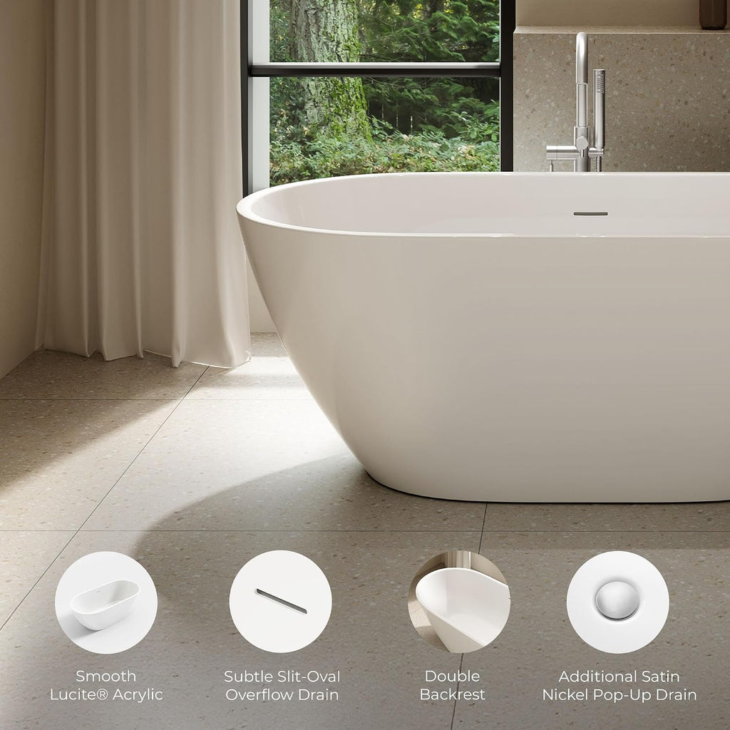 OVE Decors Ayago 59 in. Solid Surface Freestanding White Acrylic Soaking Bathtub, with Overflow and Satin Nickel Pop-up Drain