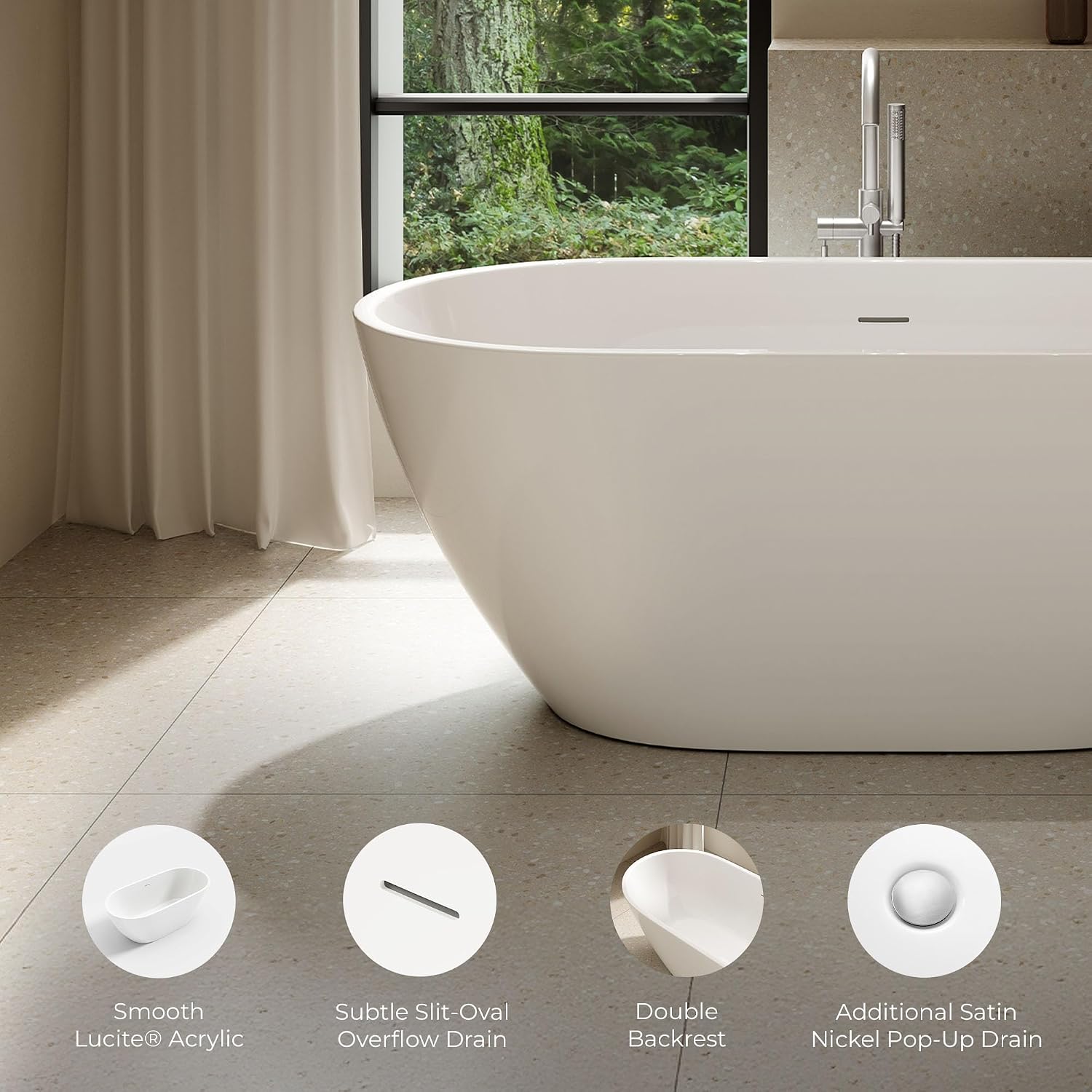 OVE Decors Ayago 59 in. Solid Surface Freestanding White Acrylic Soaking Bathtub, with Overflow and Satin Nickel Pop-up Drain