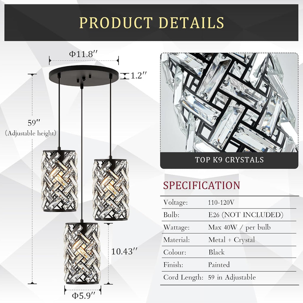 CATINER 3 Lights Crystal Pendant Light Modern Black Mini Chandelier, Adjustable Cluster Pendant Light Fixture for Kitchen Island Dinning Room Bedroom Hallway Porch