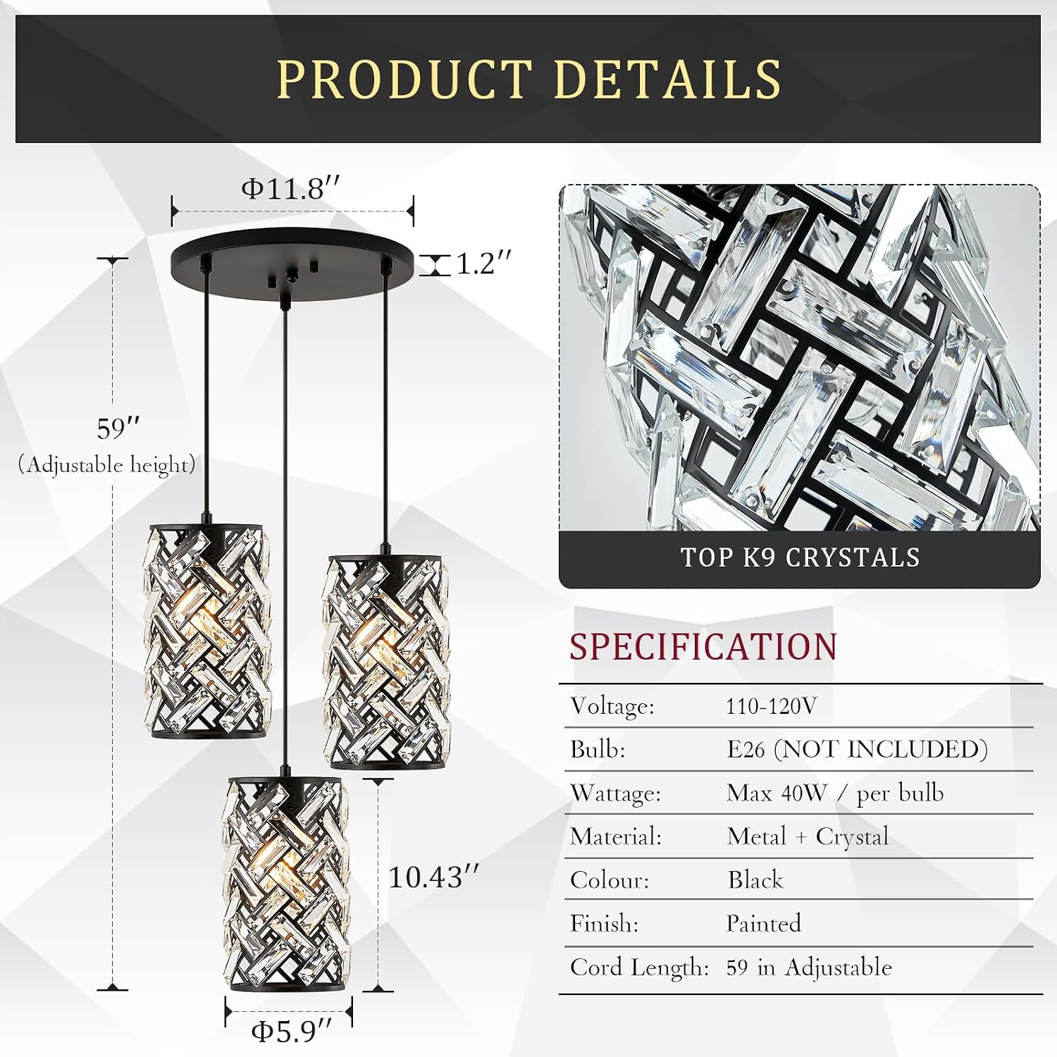 CATINER 3 Lights Crystal Pendant Light Modern Black Mini Chandelier, Adjustable Cluster Pendant Light Fixture for Kitchen Island Dinning Room Bedroom Hallway Porch