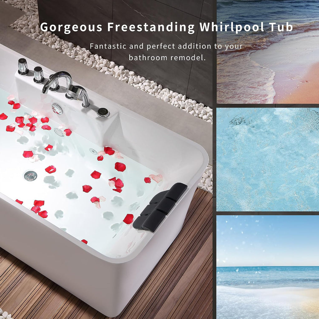 Empava 59-Inch White Freestanding Whirlpool Bathtub Rectangular with 8 Hydromassage Adjustable Water Jets