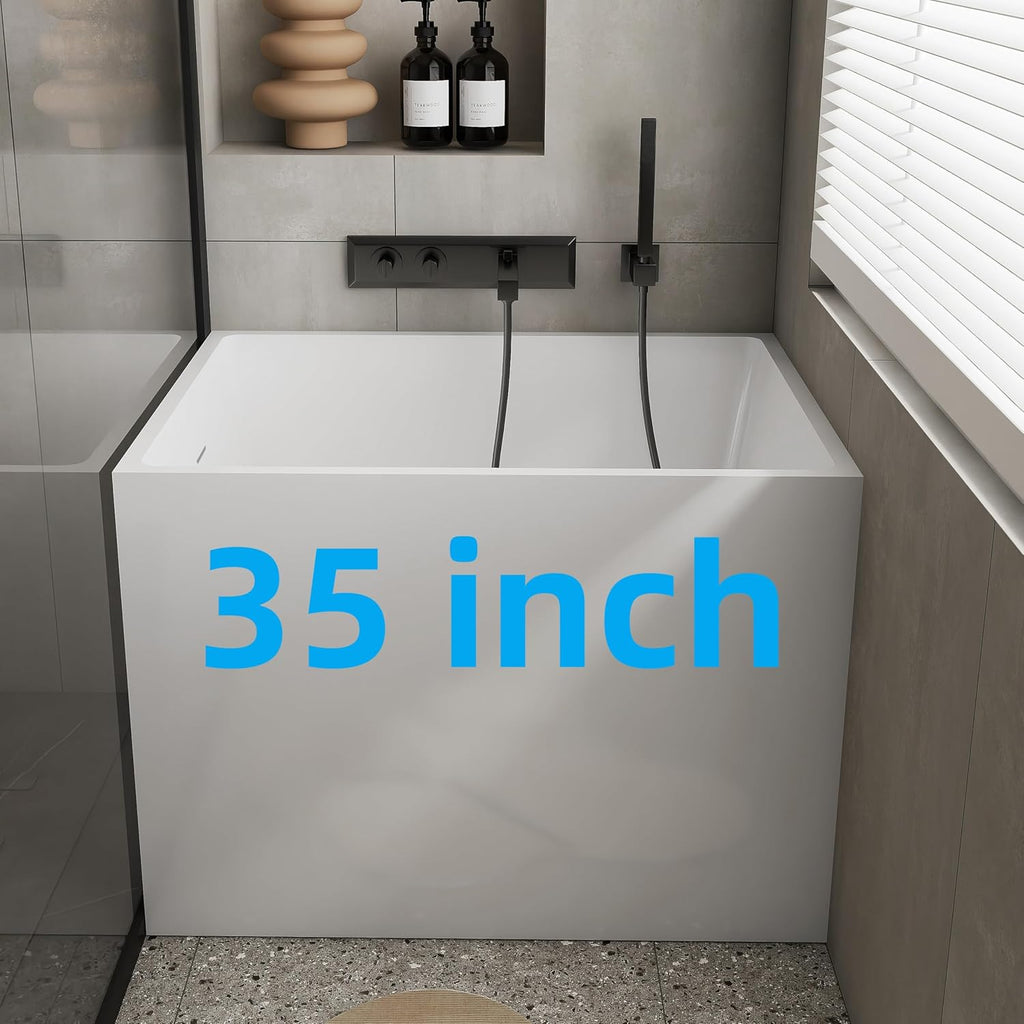 35' Acrylic Freestanding Bathtubs, Stand Alone Tub, Japanese Soaking Tub for Bathroom, Integrated Overflow and Drain, cUPC Certified, Gloss White
