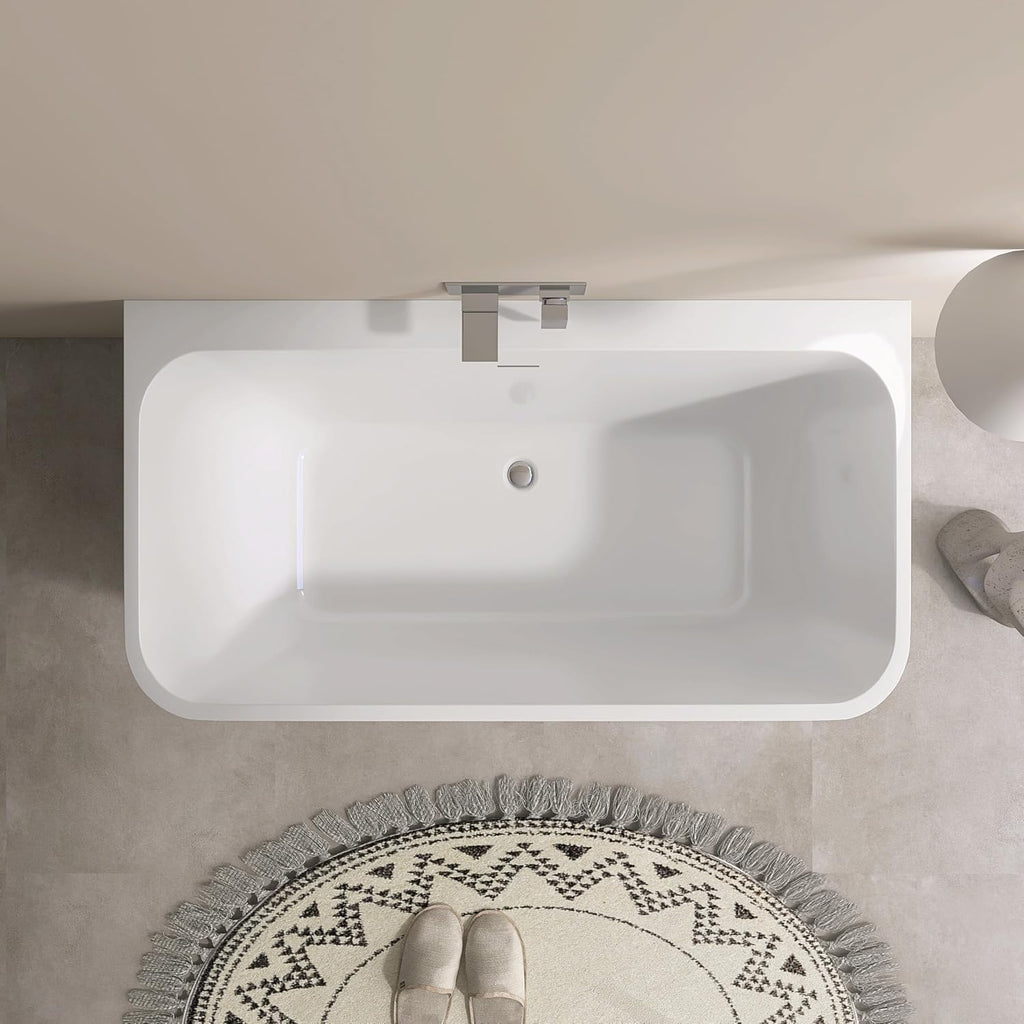 SJ STAR&JANE 55 Inch Acrylic Freestanding Bathtub,Modern Back to Wall Soaking Tub, Stand alone Acrylic Tub Integrated Center Drain & Overflow, Glossy White