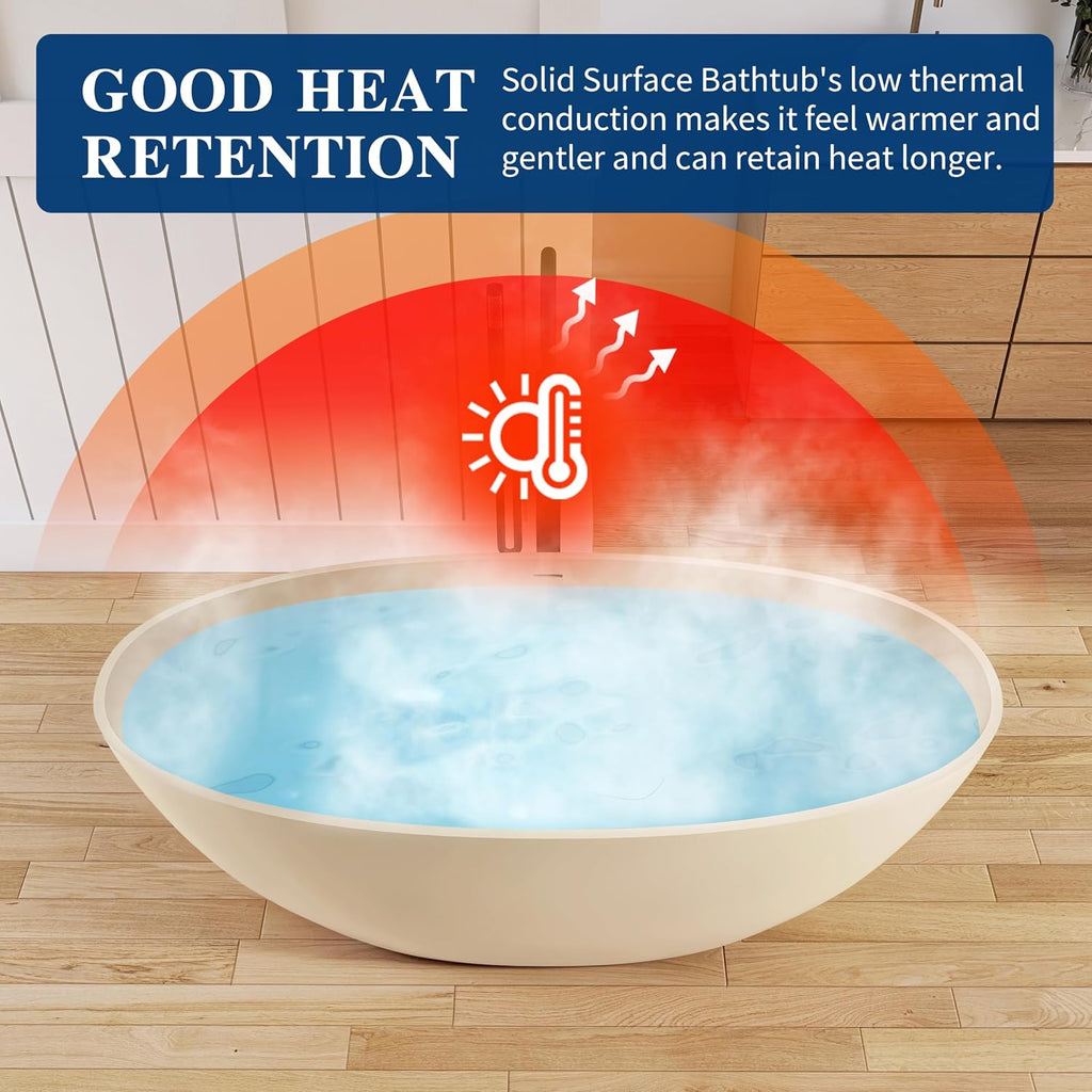 Stone Resin Freestanding Bathtub 65', Elegant Oval Shape Soaking Tub, Solid Surface Stand Alone Bathtub with Drain & Integrated Slotted Overflow AMFS303-1650 milky coffee