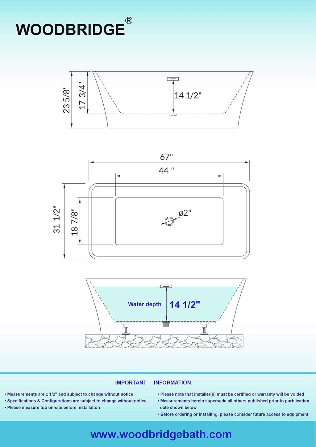 WOODBRIDGE 67' Acrylic Freestanding Bathtub Contemporary Soaking White Tub with Brushed Nickel Overflow and Drain，BTS1609 -B/N-Drain &O