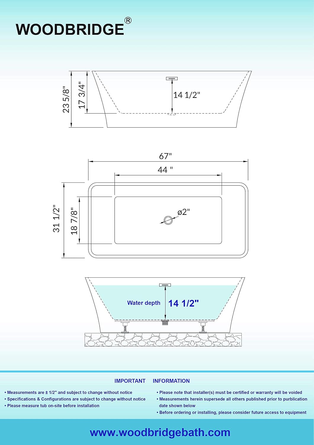 WOODBRIDGE 67' Acrylic Freestanding Bathtub Contemporary Soaking White Tub with Brushed Nickel Overflow and Drain，BTS1609 -B/N-Drain &O