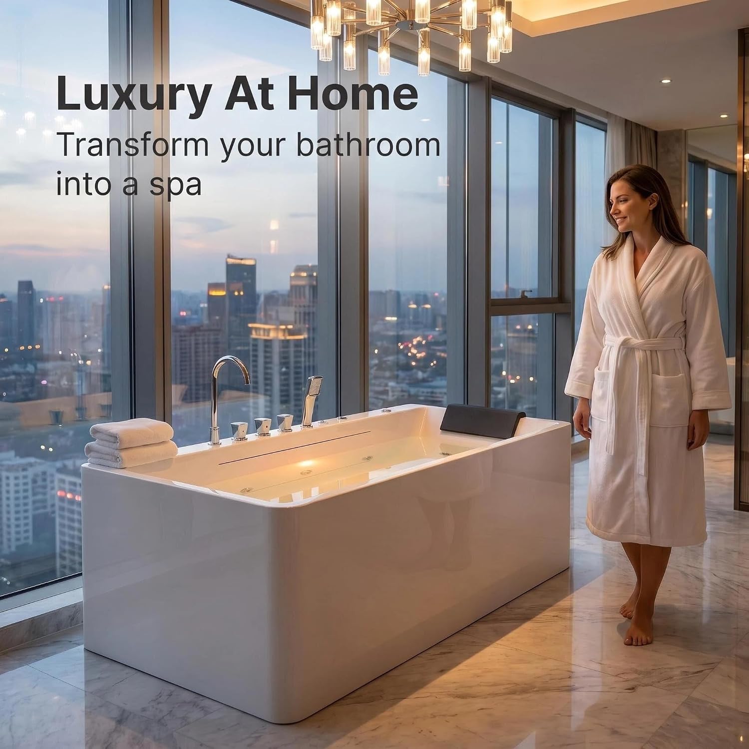 67-Inch Acrylic Single Person Whirlpool Tub with Hydrotherapy Jets, LED Chromotherapy Lights, Soft Waterfall Spout, and 63-Gallon Capacity - Luxury Soaking Home Spa.