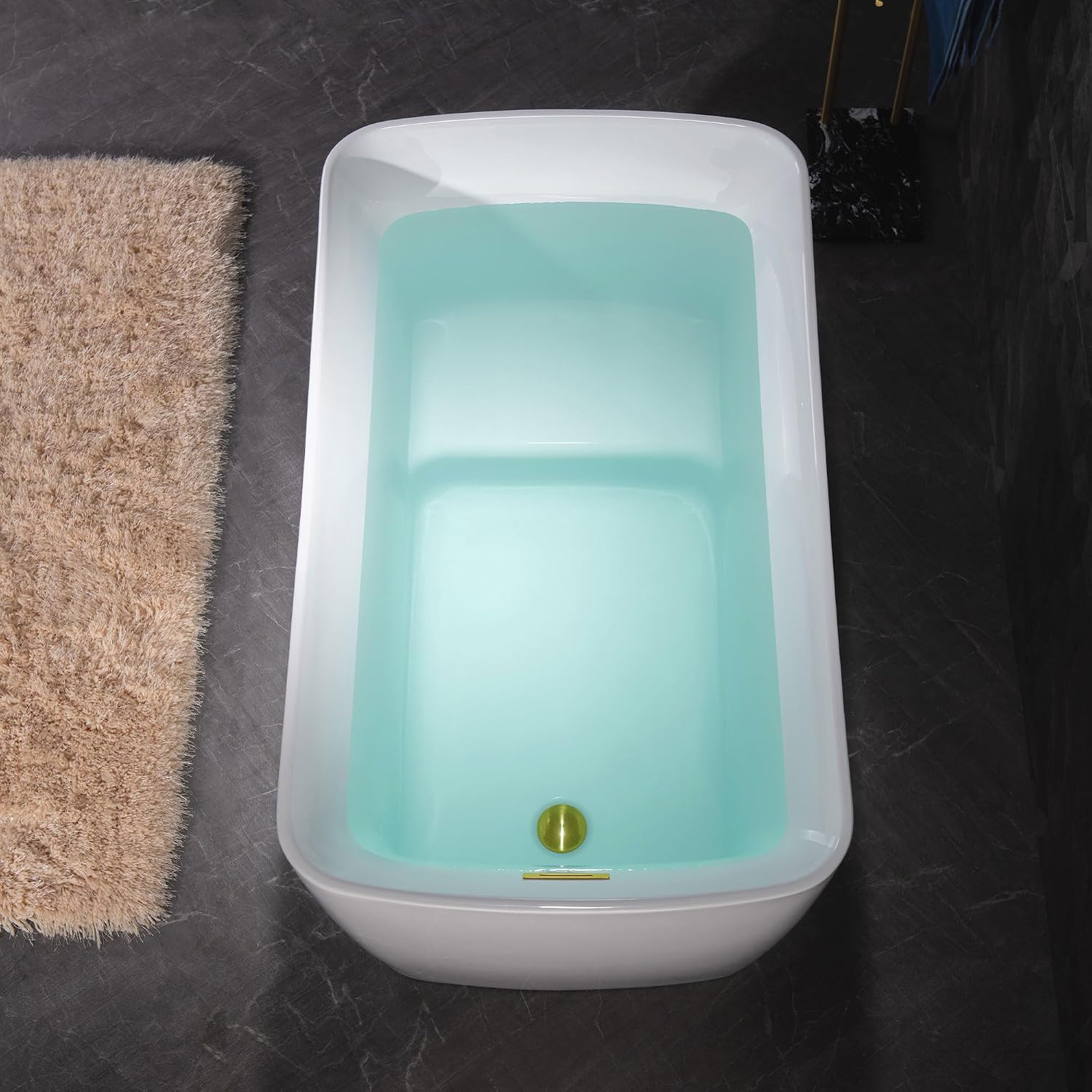 WOODBRIDGE 48' Acrylic Freestanding Square Shape Janpanese Soaking Tub with Pre-molded Seat and Brushed Gold Pop-Up Drain and Overflow Option, White,B0070-BG