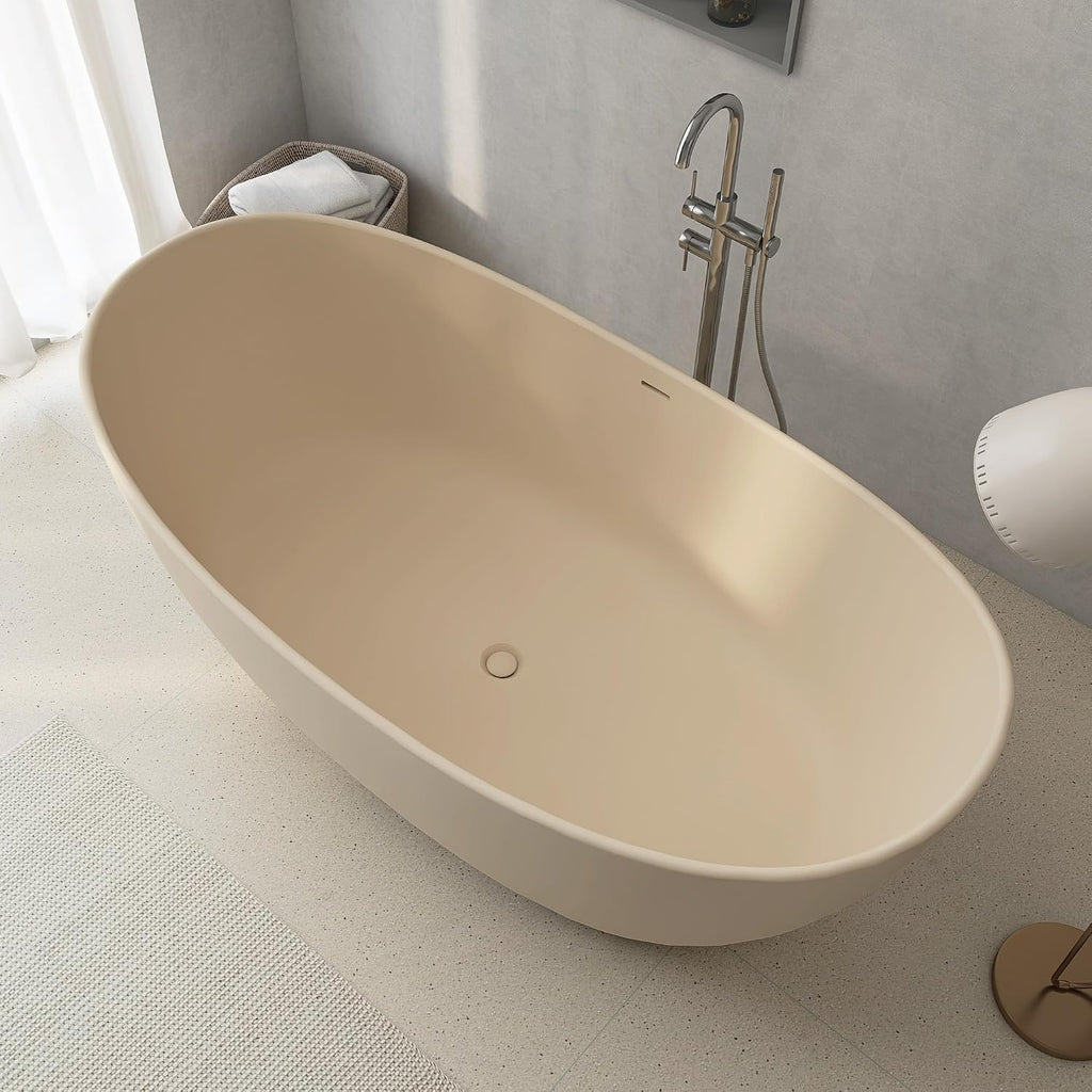 65'' Resin Stone Freestanding Bathtub, Solid Surface Free Standing Tub, Contemporary Design Soaking Tub with Pop-up Drain and Overflow, Stand Alone Tubs cUPC Certified, Latte color