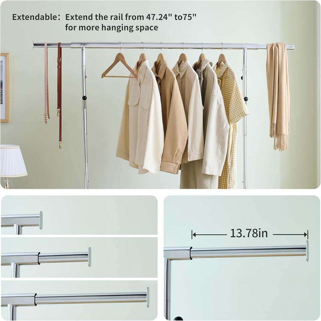 Heavy-Duty 600LBS Rolling Clothes Rack - Commercial-Grade, Adjustable, Extendable & Collapsible Garment Rack with Wheels and Triangular Stability Bracket