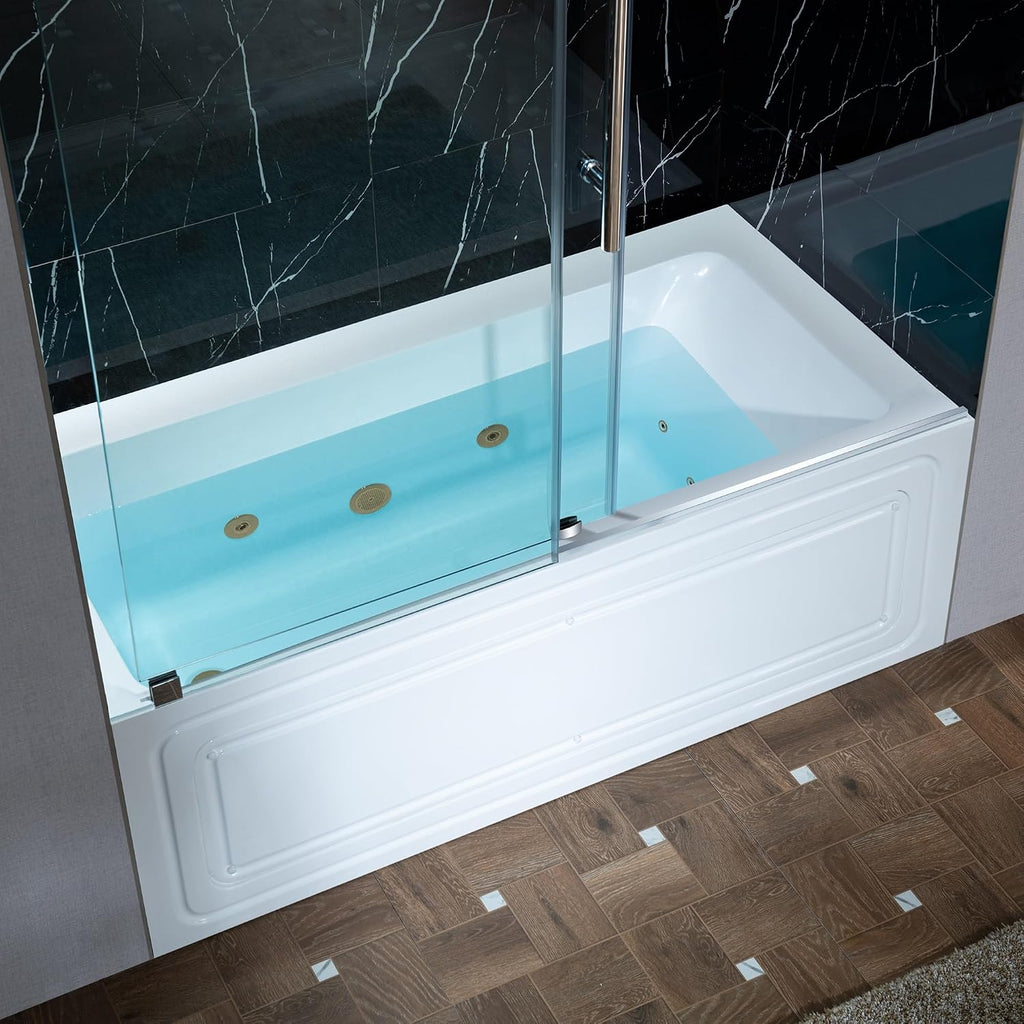 WOODBRIDGE 60' x 30' Alcove Acrylic Rectangular Whirlpool Heated Jetted Tub in White with Left Drain, Brushed Gold Finish Trim and Drain Kit Included, BS428-L-BG03