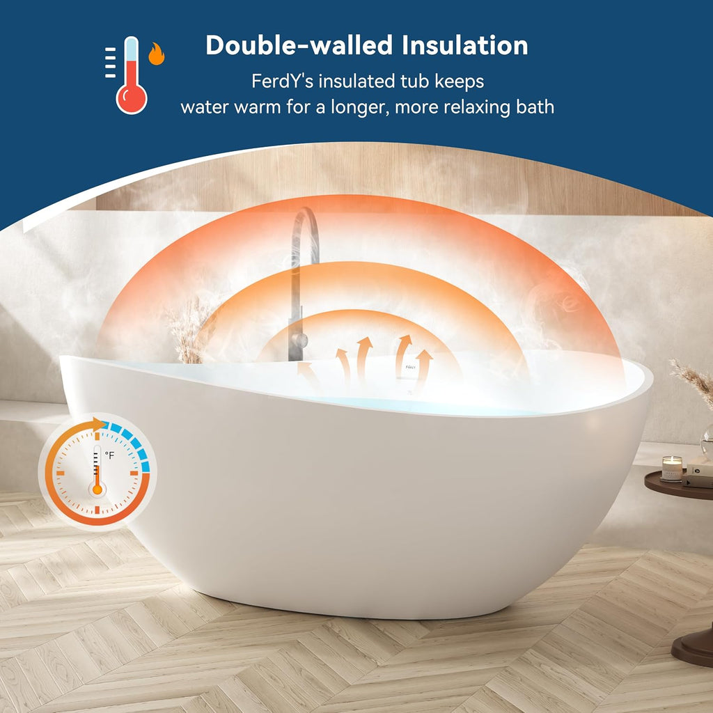 FerdY Lamu 63' Stone Resin Freestanding Bathtub, Gracefully Shaped Freestanding Bathtub, Solid Surface Soaking Tub, Matte White, cUPC Certified, Pop-up Drain and Integrated Slotted Overflow