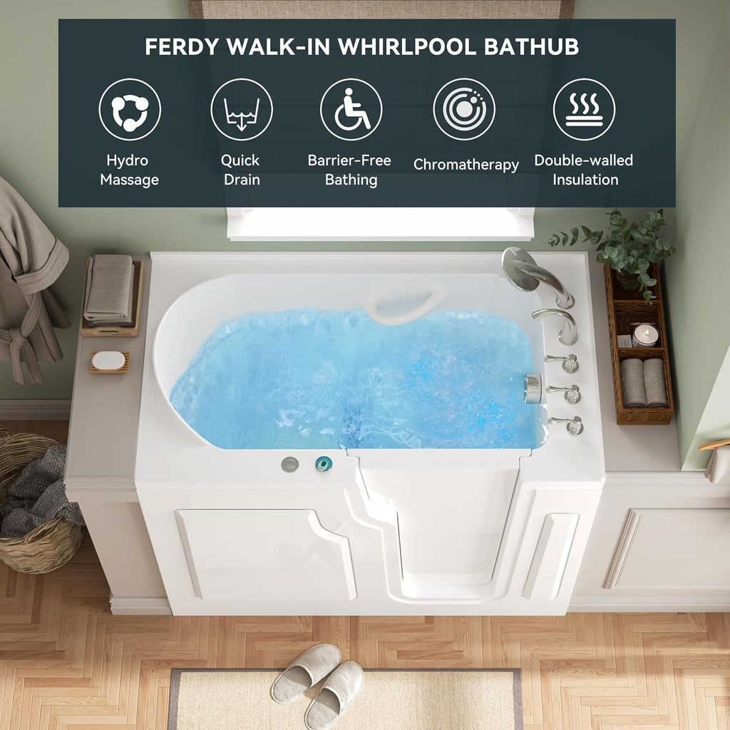 FerdY Floridian 55'x33' Walk-in Whirlpool Bathtub with 16 Air Water SPA Jets and Right-Side Door Opening and Quick Fill and Drain System, Rectangular Soaking Jetted Bath Tub in White with LED Lights