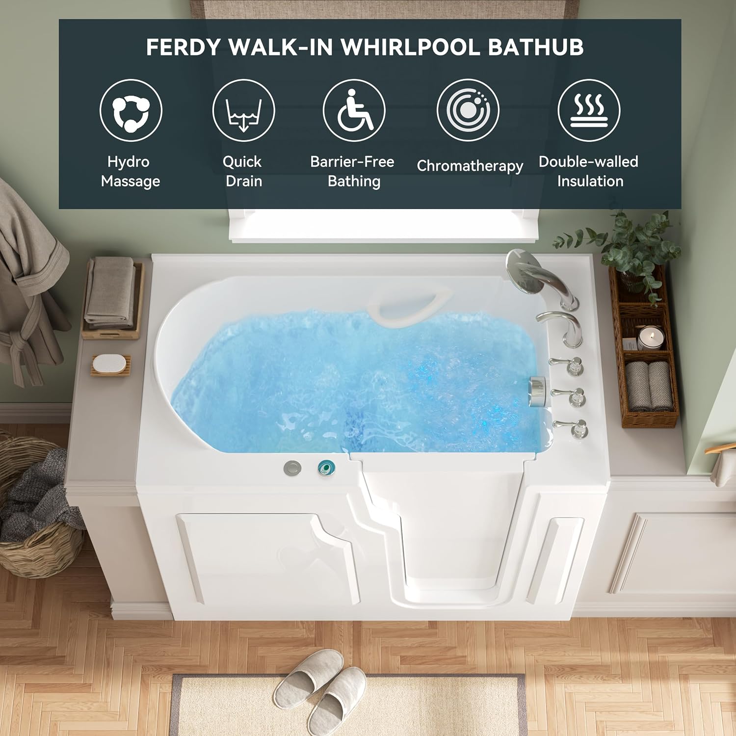 FerdY Floridian 55'x33' Walk-in Whirlpool Bathtub with 16 Air Water SPA Jets and Right-Side Door Opening and Quick Fill and Drain System, Rectangular Soaking Jetted Bath Tub in White with LED Lights