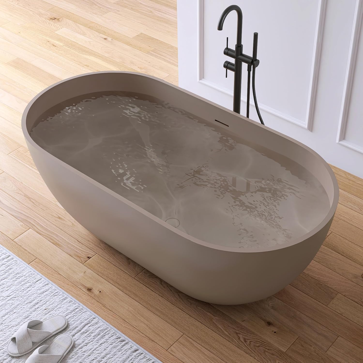 59' Freestanding Bathtub Tubs Resin Stone, Solid Surface Free Standing Tub, Oval Sorker Tub Bathtubs with Overflow and Pop up Drain, Brown