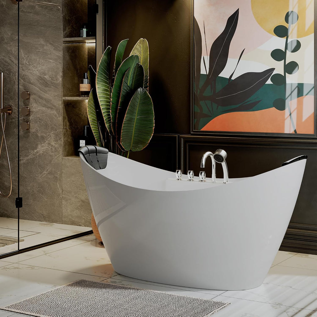 Empava 67' Freestanding Whirlpool Bathtub Oval with 8 Hydromassage Adjustable Water Jets Luxury Acrylic Massage SPA Soaking Bath Tub in White Double Ended